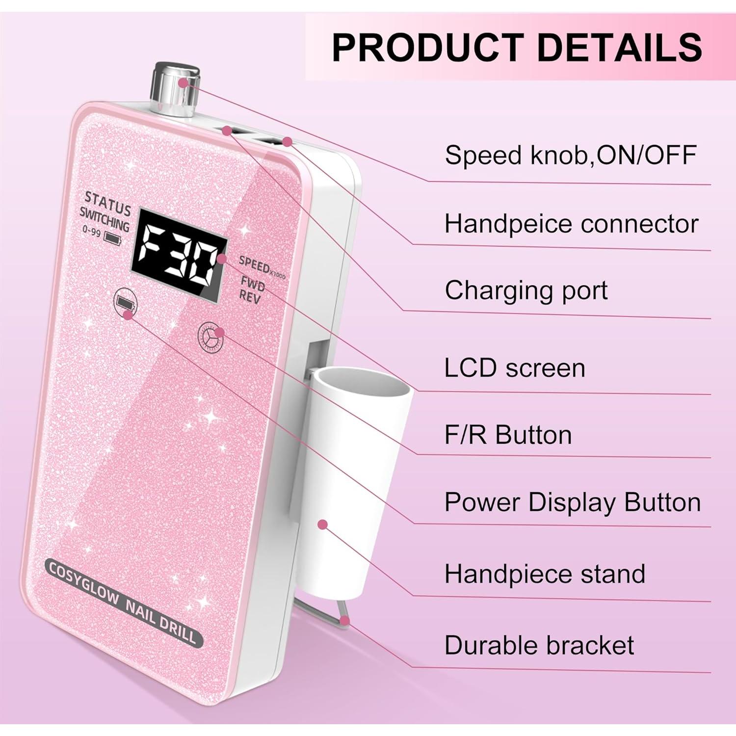 Fresadora de Uñas Eléctrica COSYGLOW R9 Plus 30000 RPM Rosa