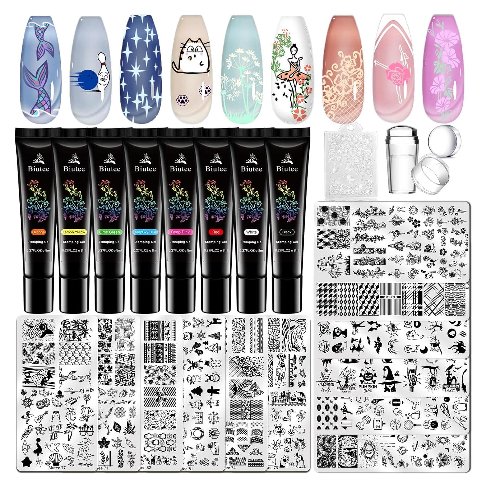 Kit de Estampado de Uñas Biutee 23 Piezas con 12 Placas y 8 Geles