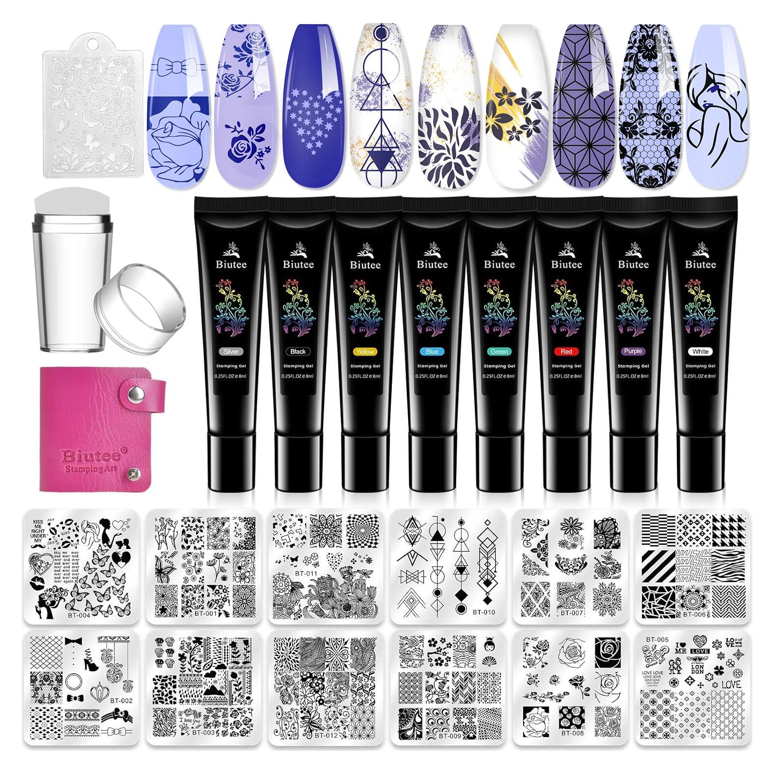 Kit de Estampado de Uñas Biutee 23 Piezas con 12 Placas y 8 Geles