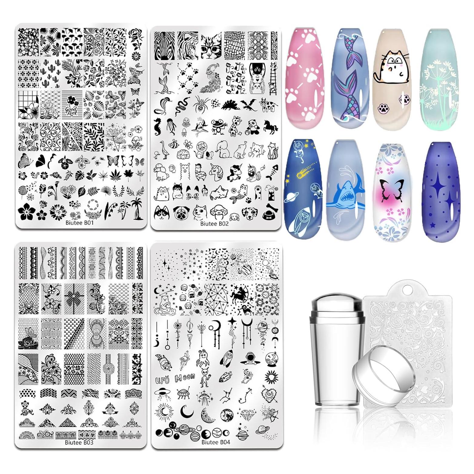 Kit de Estampado de Uñas Biutee 4 Placas + Estampador y Raspador