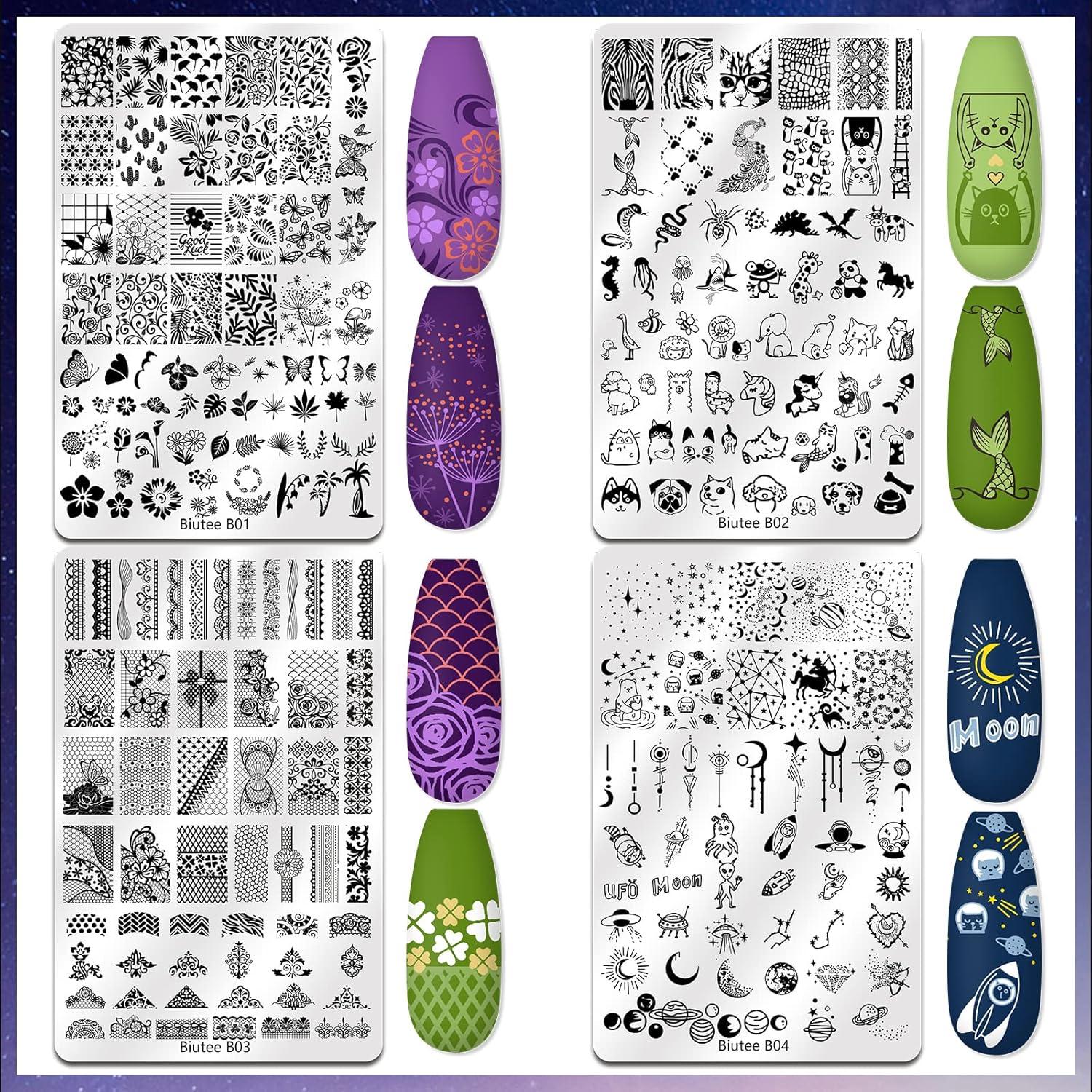 Kit de Estampado de Uñas Biutee 4 Placas + Estampador y Raspador