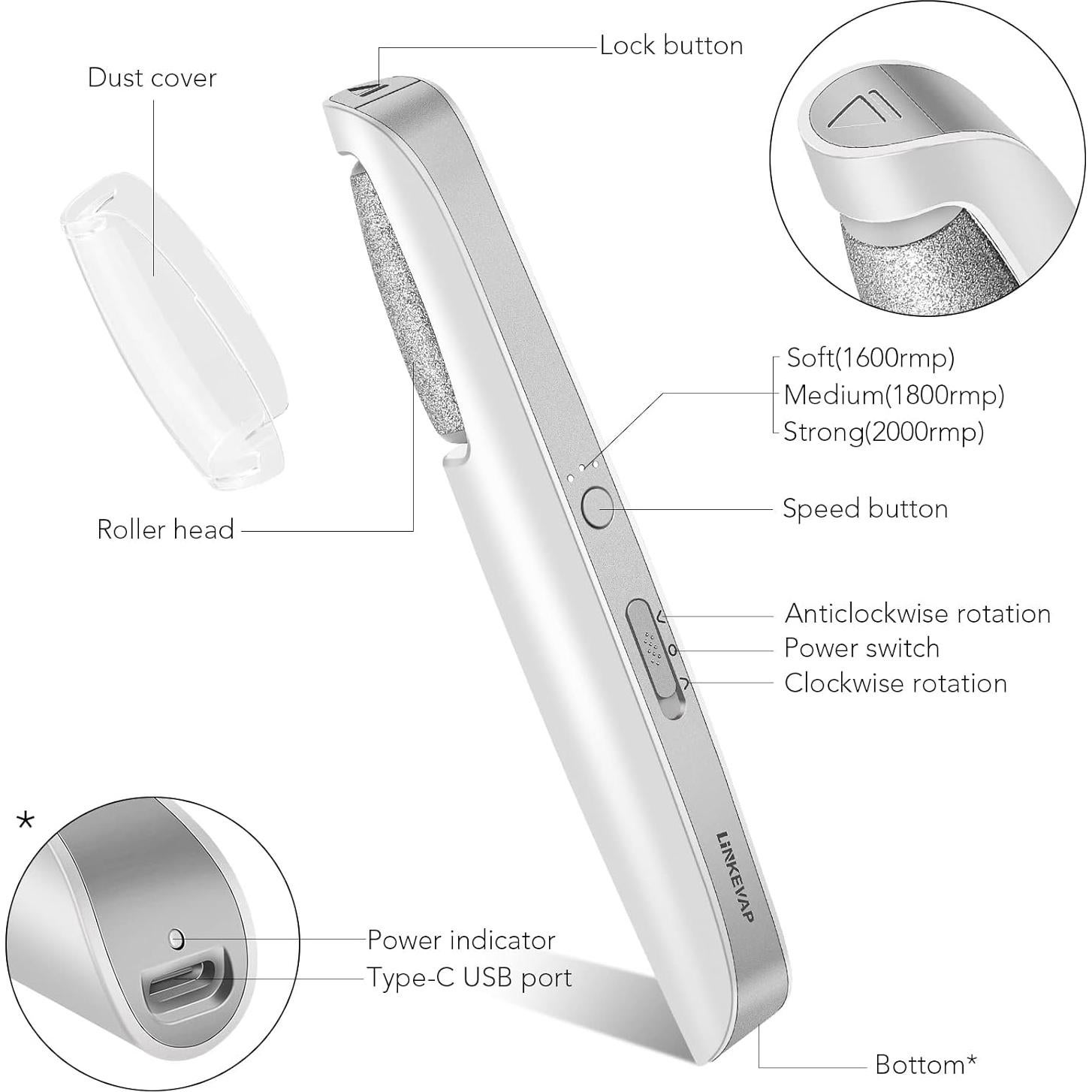Removedor de Callos Eléctrico LINKEVAP, Kit Pedicura 3 Velocidades