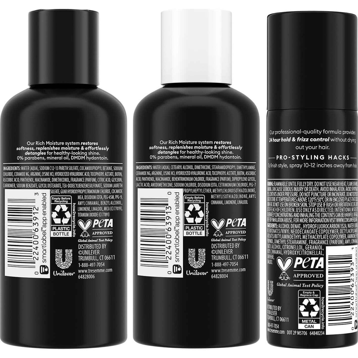 TRESemme Set de Cuidado del Cabello de Viaje - Champú y Acondicionador Hidratante + Laca Fijación Extra