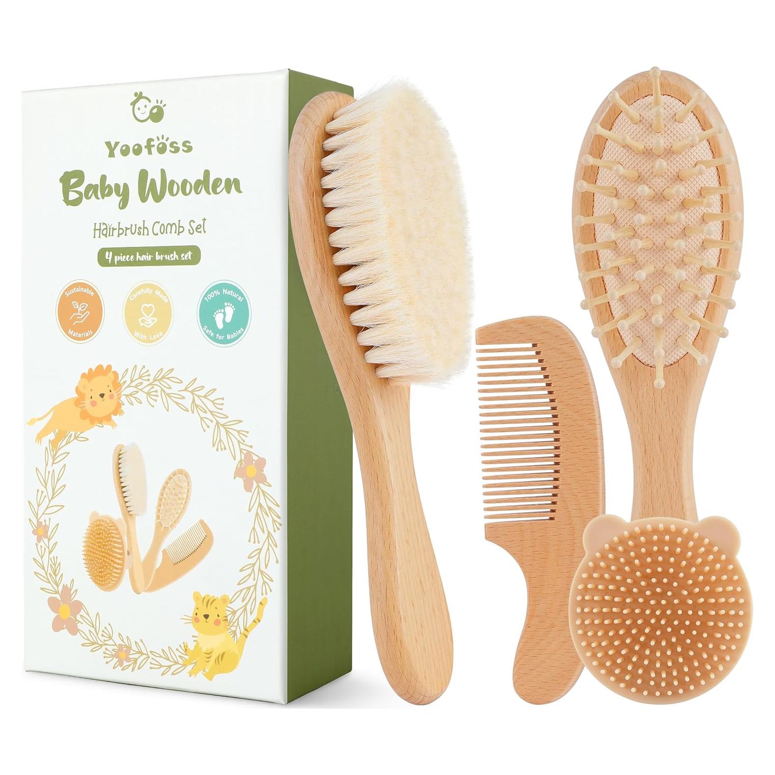 Set de Cepillo y Peine para Bebé Yoofoss 4 Piezas Madera Natural