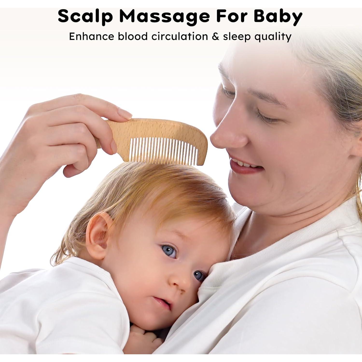 Set de Cepillo y Peine para Bebé Yoofoss 4 Piezas Madera Natural