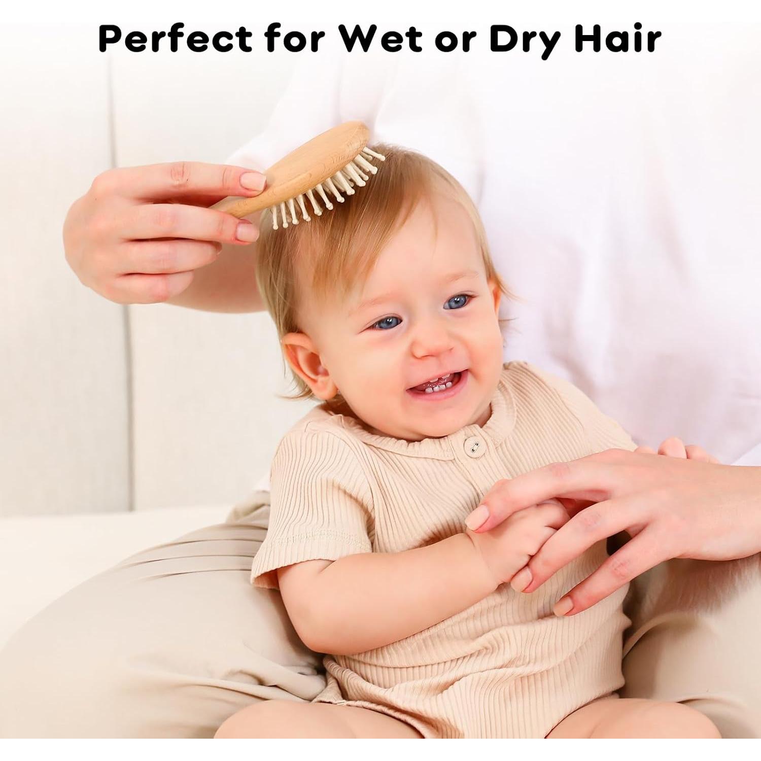 Set de Cepillo y Peine para Bebé Yoofoss 4 Piezas Madera Natural