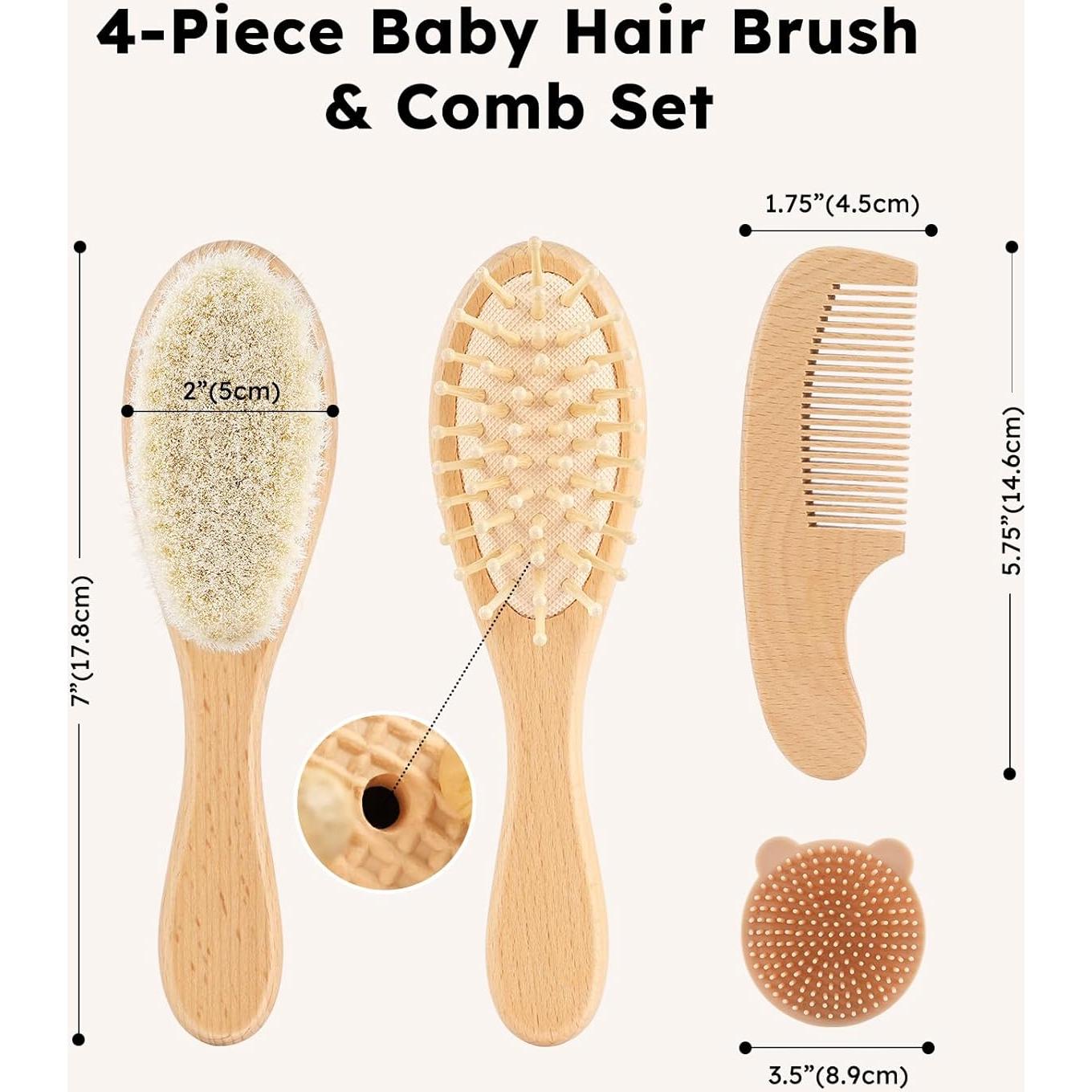 Set de Cepillo y Peine para Bebé Yoofoss 4 Piezas Madera Natural