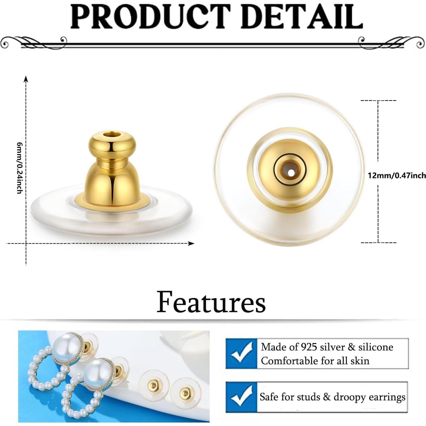 Respaldos de Aretes Moconar 12mm Dorado para Aretes Pesados