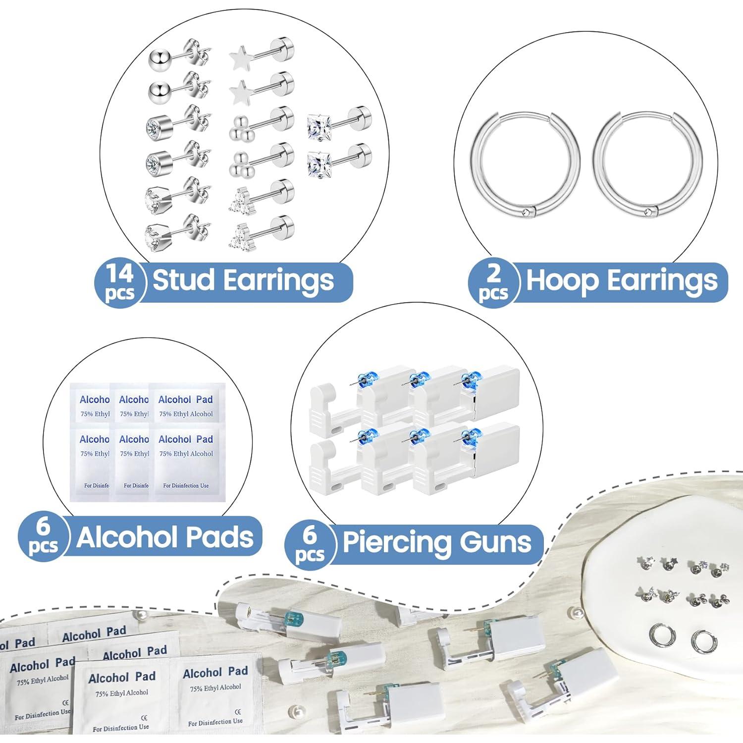 Kit de Perforación de Orejas 28 Piezas Nunpag Plata
