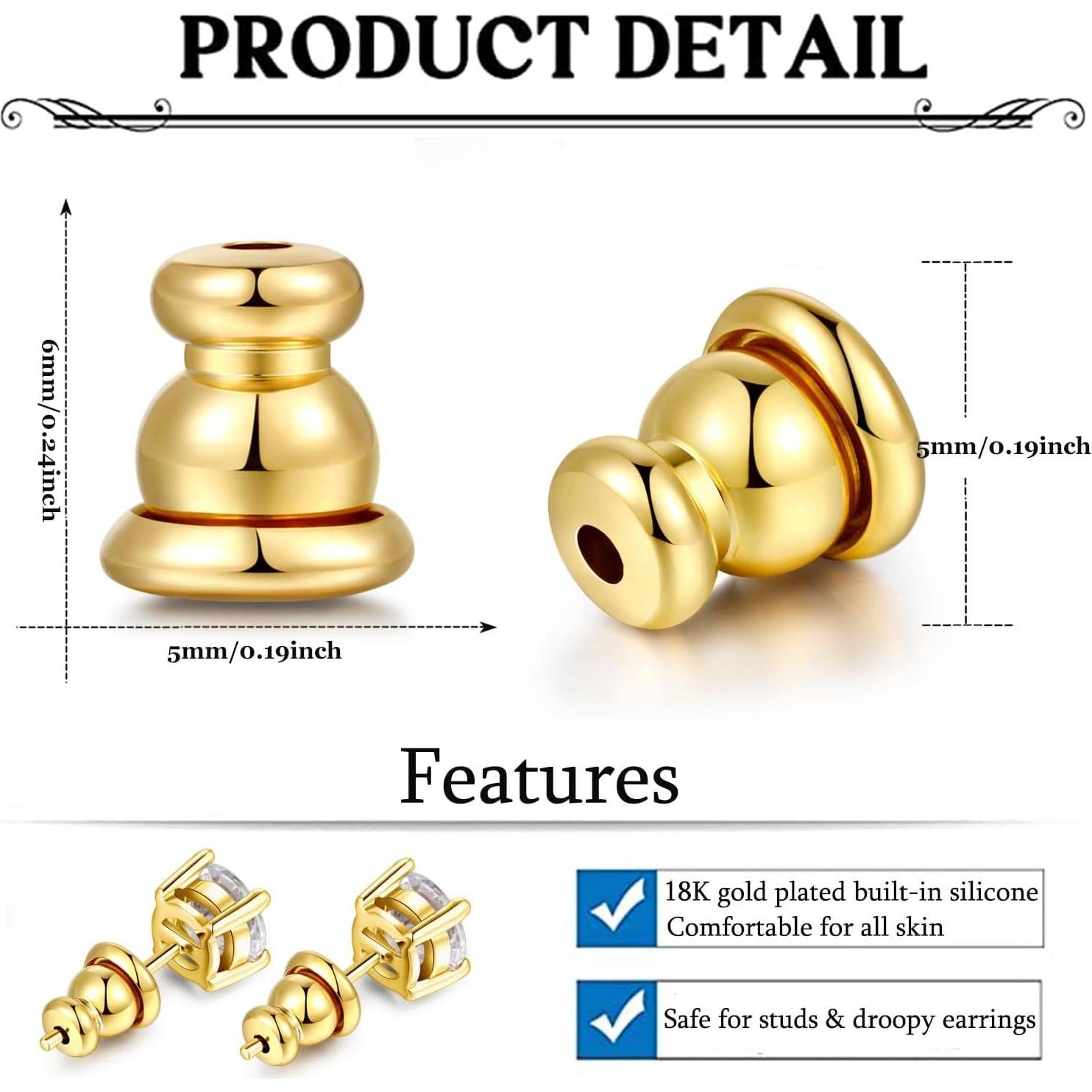 Resortes de Seguridad para Pendientes Moconar Oro 18K 4 Pcs