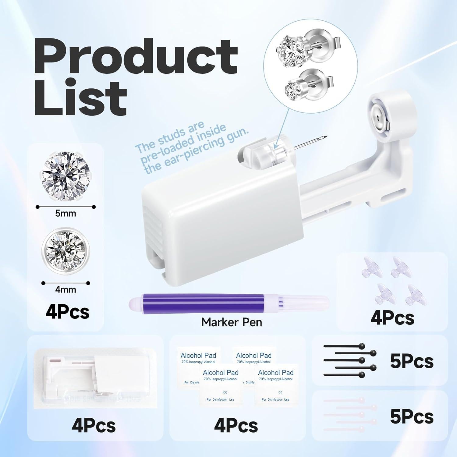 Kit de Perforación de Orejas 4 Piezas - Plata - Hipoalergénico