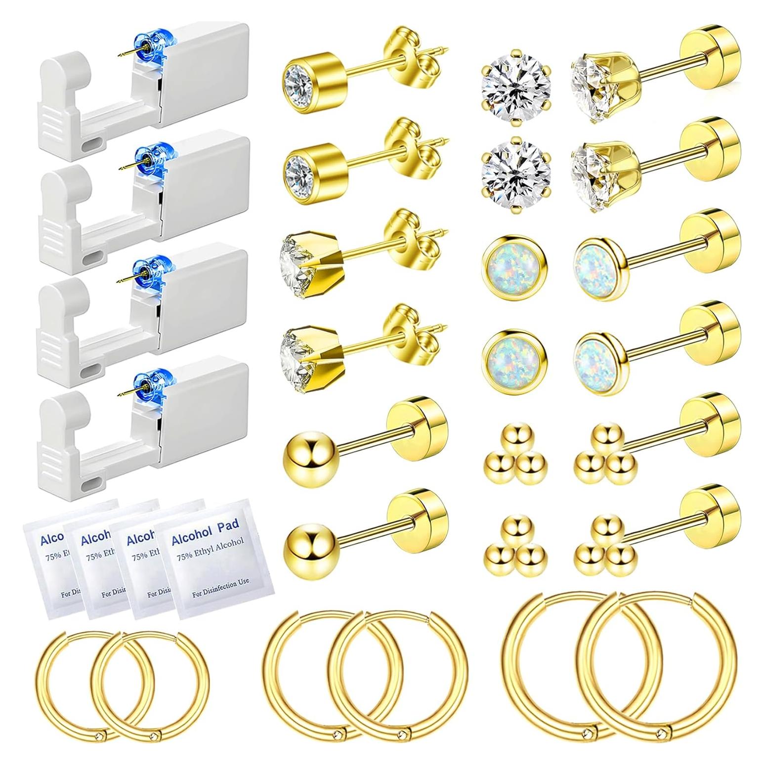 Kit de Perforación de Orejas 26 Piezas Nunpag - Dorado