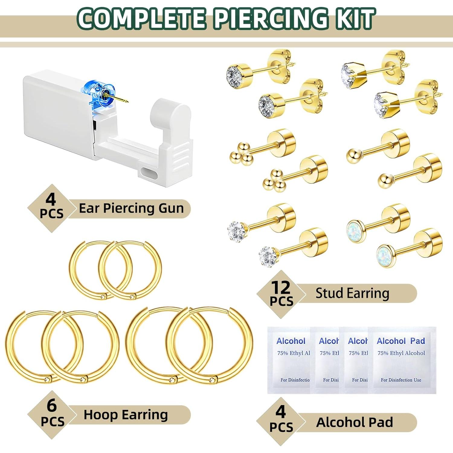 Kit de Perforación de Orejas 26 Piezas Nunpag - Dorado