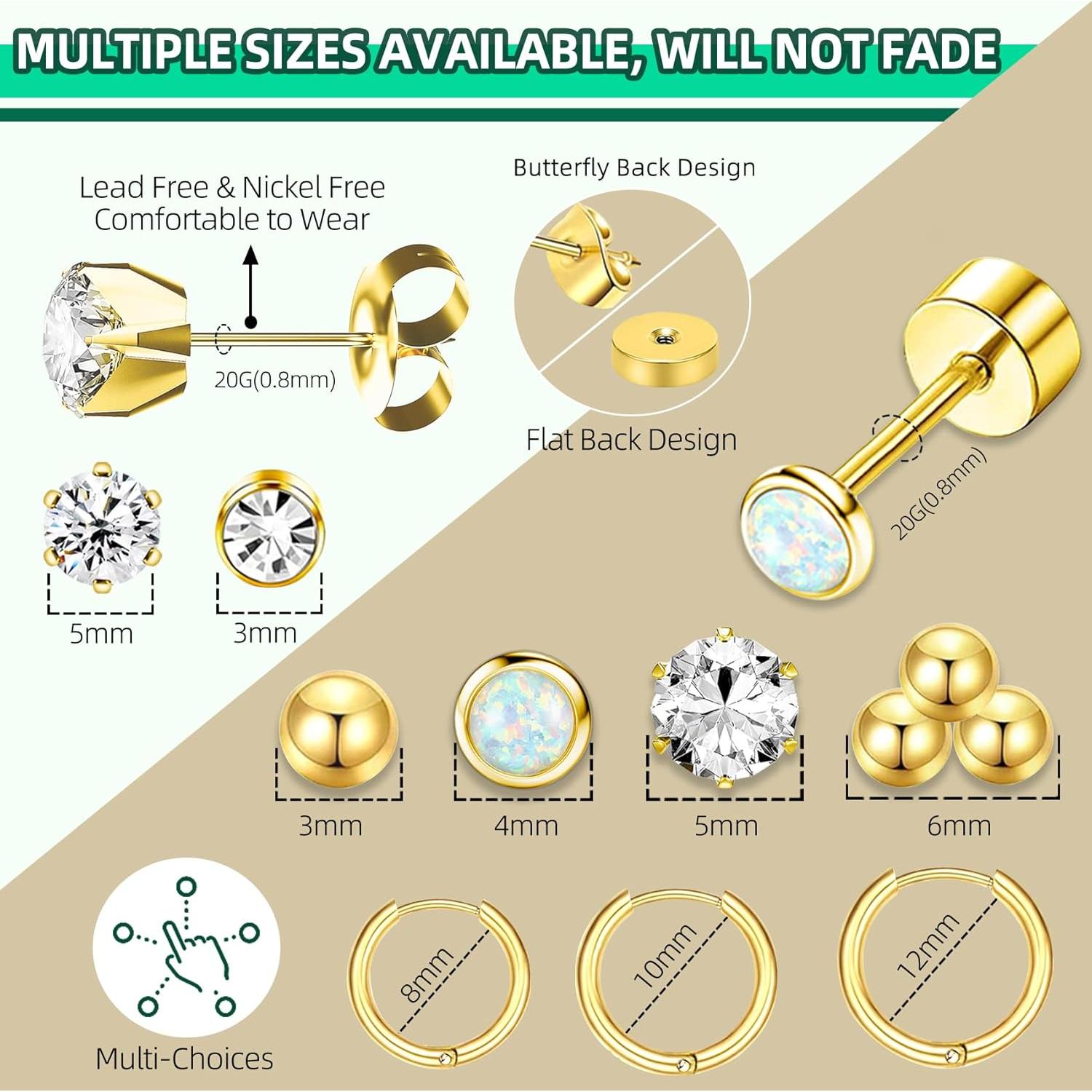 Kit de Perforación de Orejas 26 Piezas Nunpag - Dorado