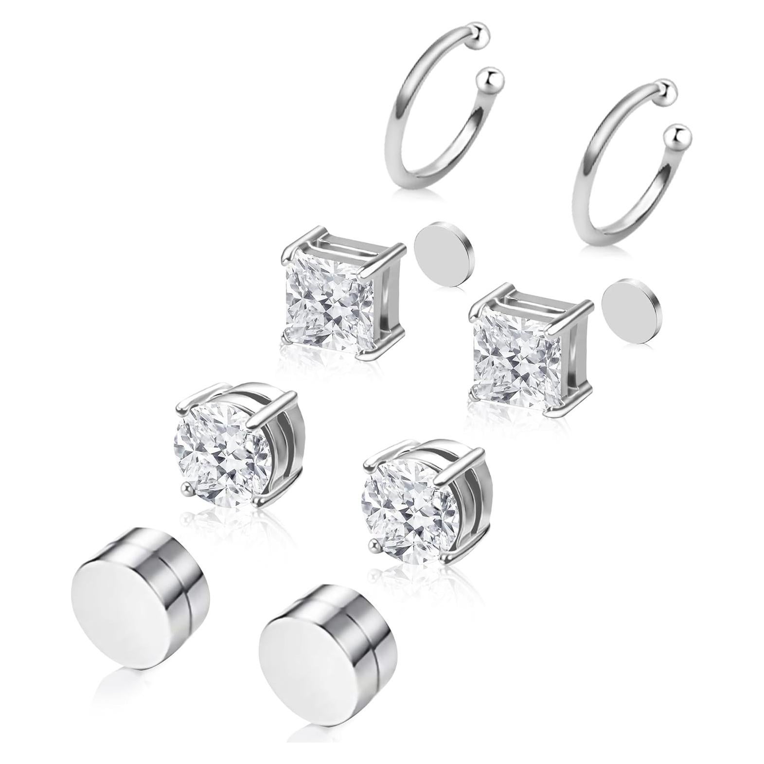 Pendientes Magnéticos Plateados Unisex Acero Inoxidable 4 Pares