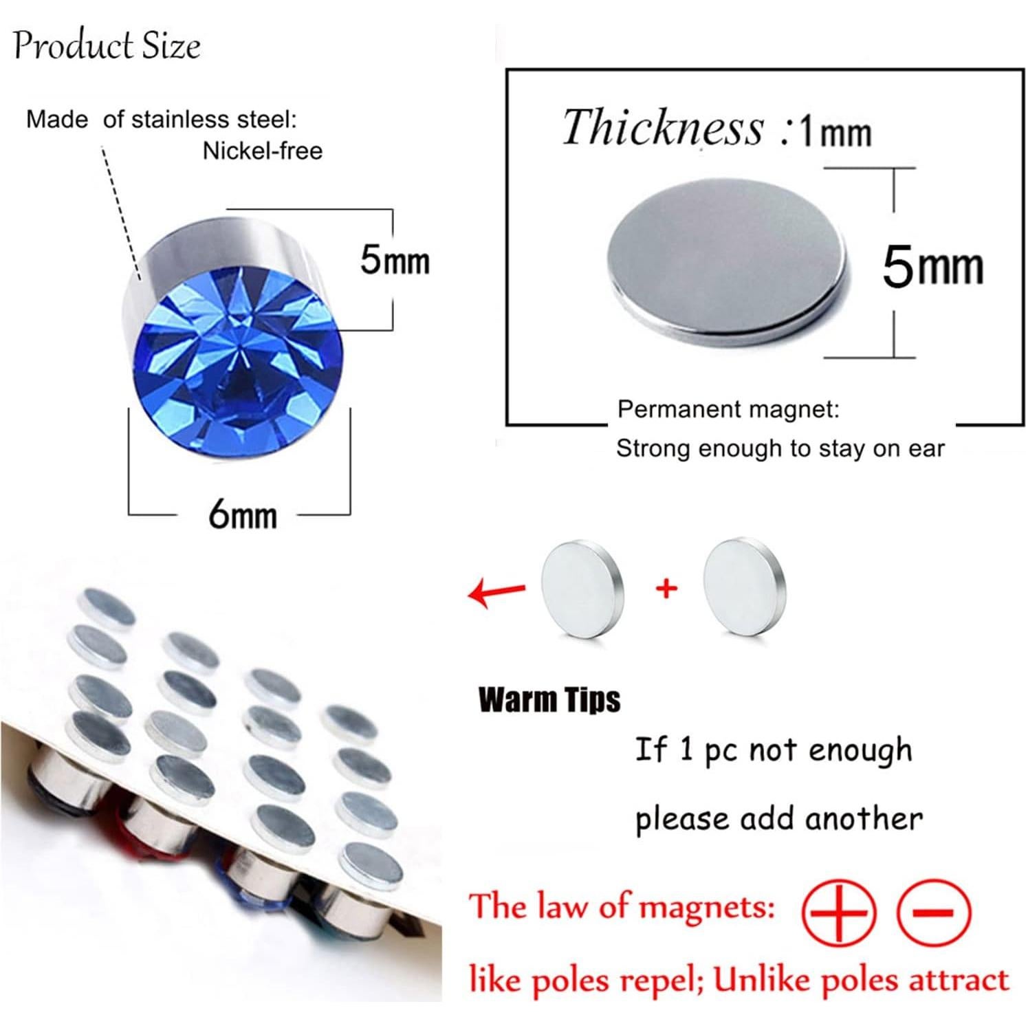 Set 12 Pares Pendientes Magnéticos Spiritlele 6mm Colores