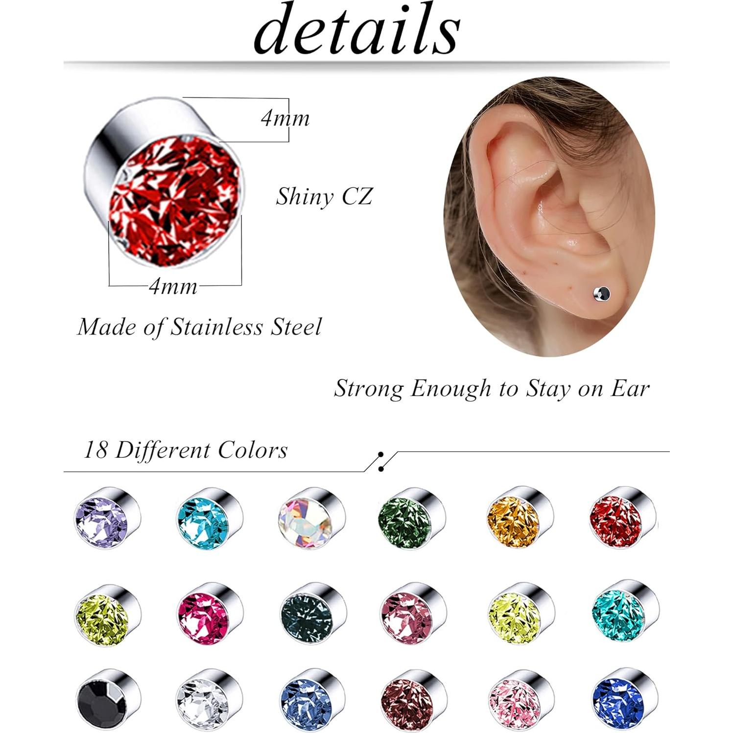 Pendientes Magnéticos Falsos Tornito 18 Pares CZ 4mm 6mm