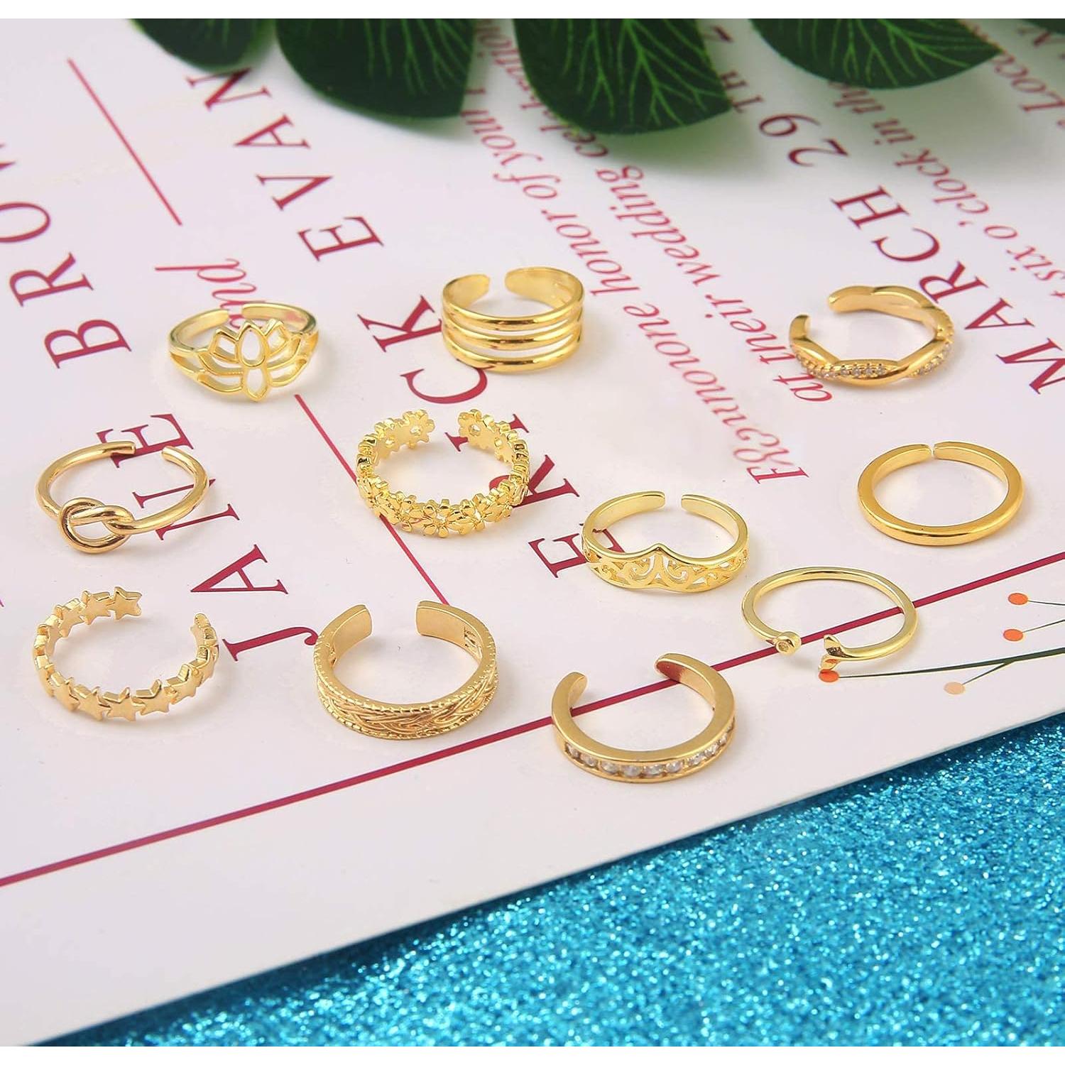 Conjunto de 12 Anillos Ajustables Honsny para Mujeres Oro 14K