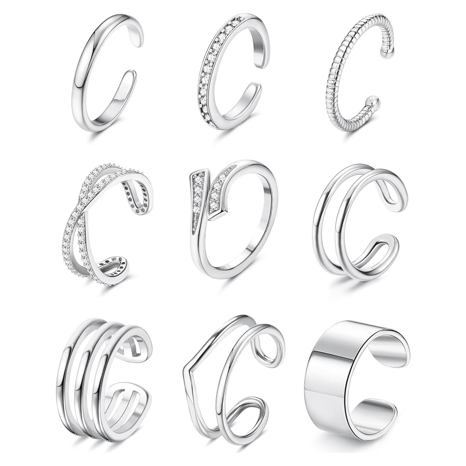 Conjunto de 9 Anillos Ajustables JeryWe para Mujeres Plata