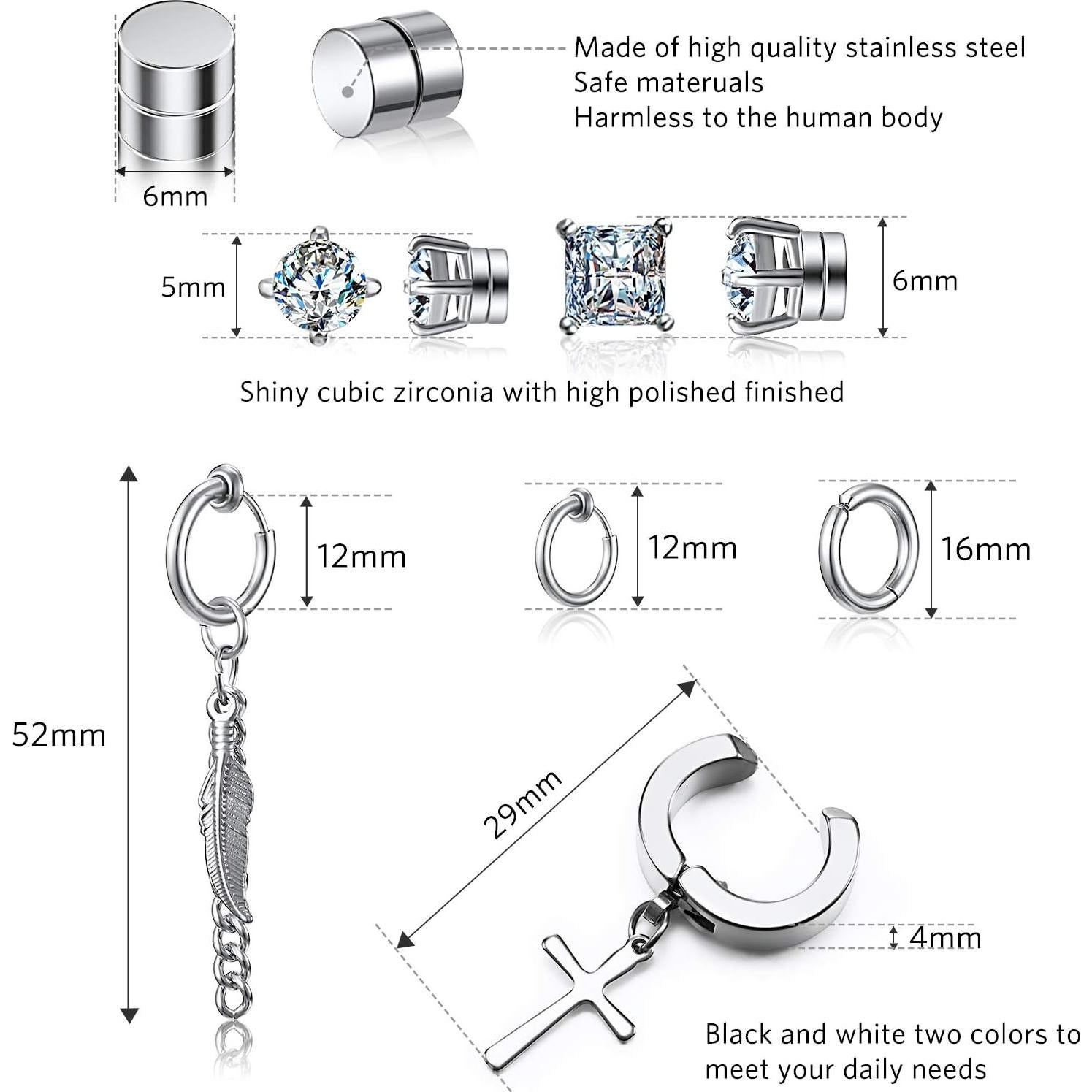 Pendientes Magnéticos No Perforados Hicarer - 9 Pares Acero Inoxidable