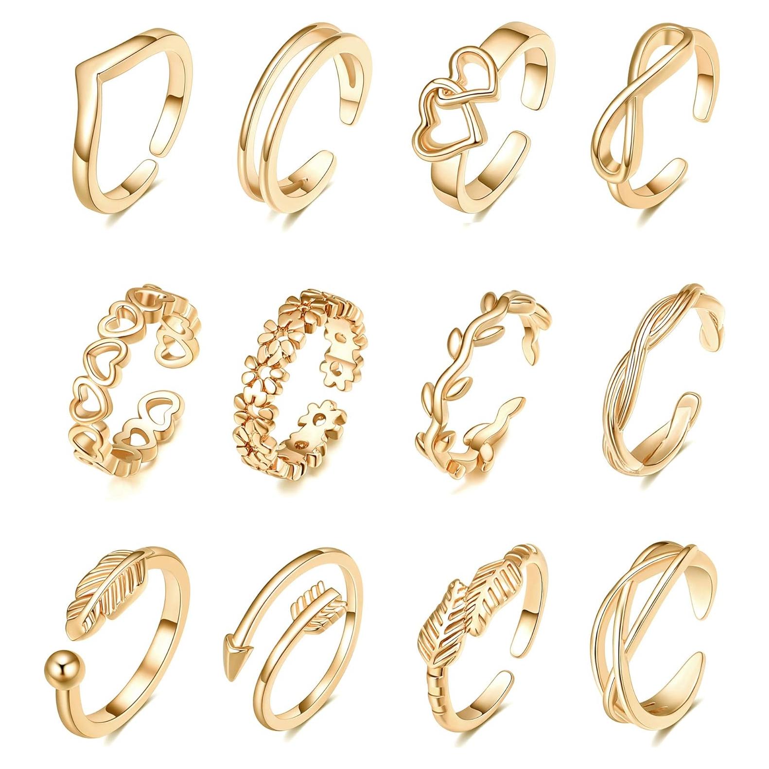 Conjunto de 12 Anillos Ajustables de Oro 14K para Mujeres