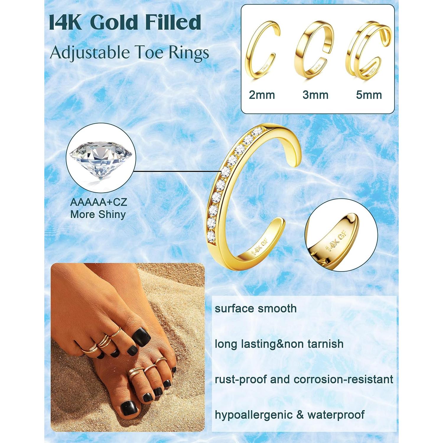 Anillos de Dedo Ajustables Oro 14K para Mujeres - 9 Piezas