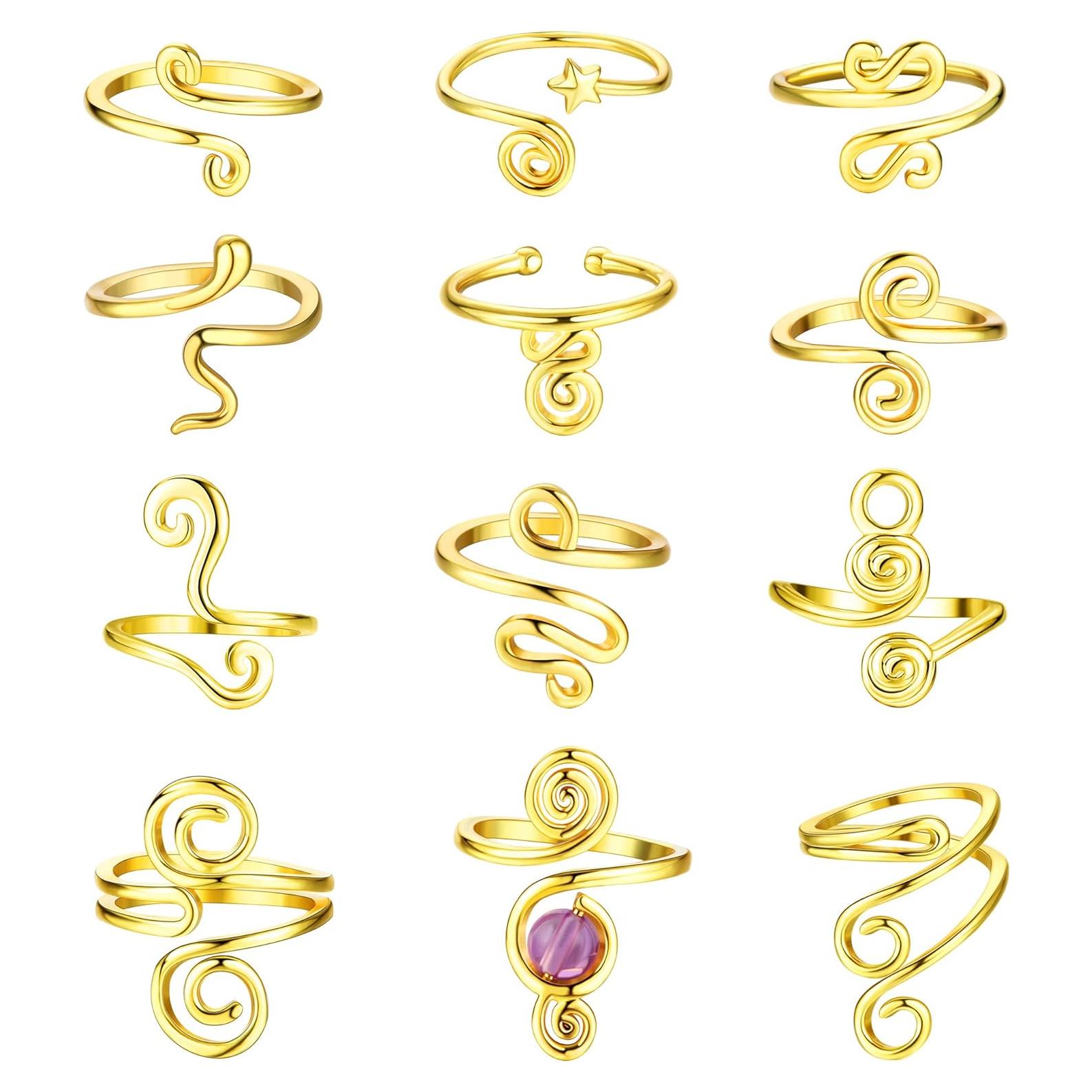 Conjunto 12 Anillos Ajustables para Dedos de los Pies Oro Mujeres