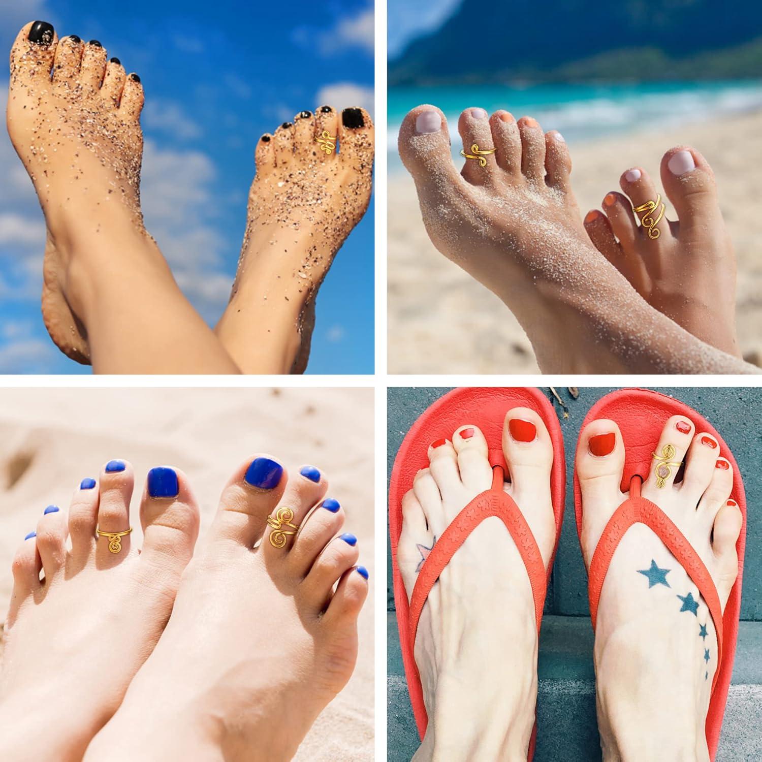 Conjunto 12 Anillos Ajustables para Dedos de los Pies Oro Mujeres