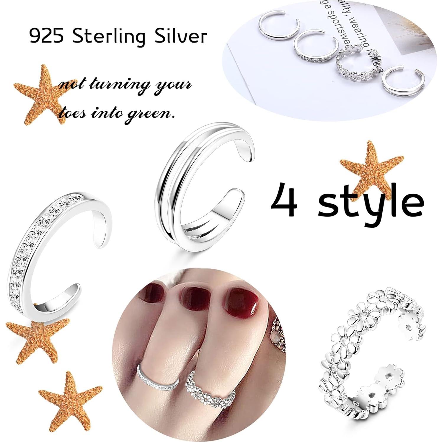 Set de 4 Anillos Abiertos Ajustables de Plata Esterlina 925