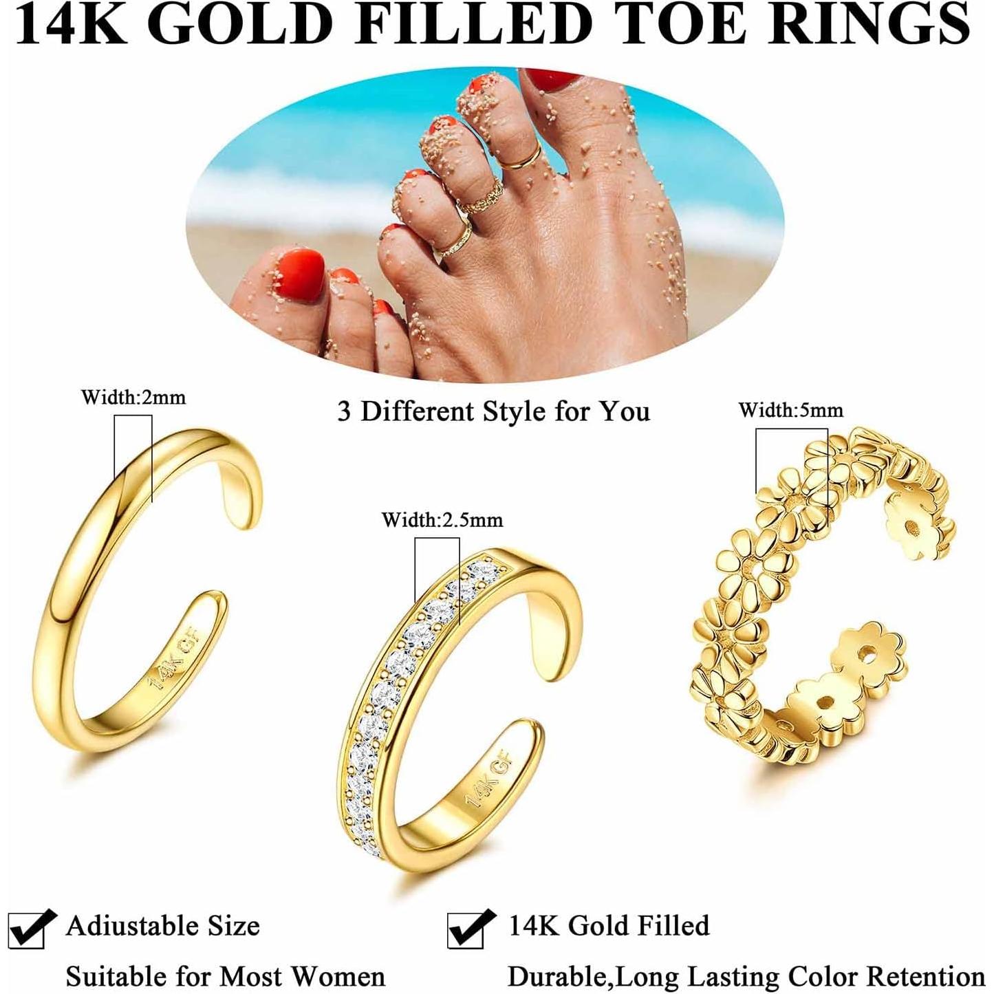 Conjunto de Anillos de Dedo del Pie Jstyle 14K Oro Relleno 3 Pcs