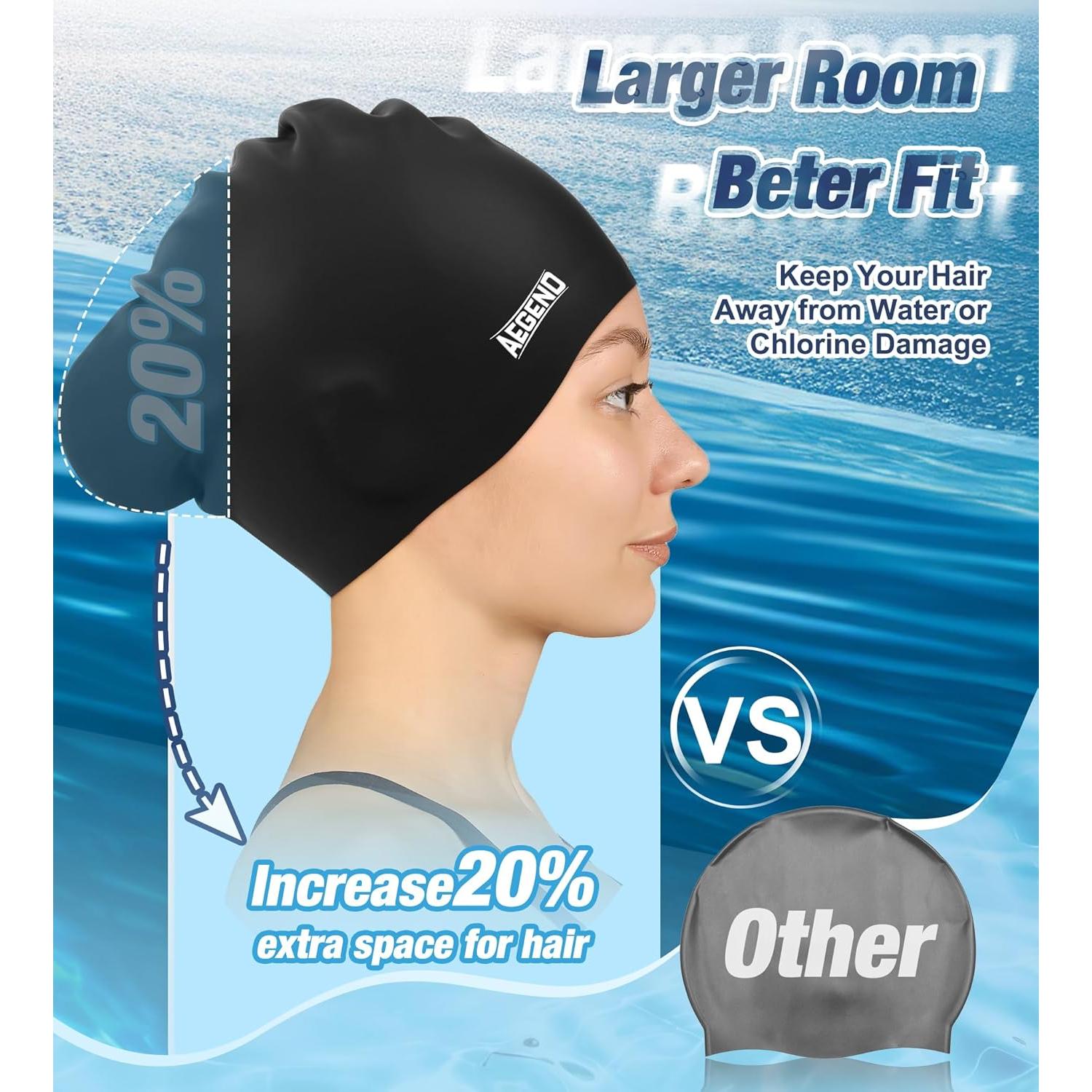 Gorro de natación Aegend para cabello largo - Silicona negra