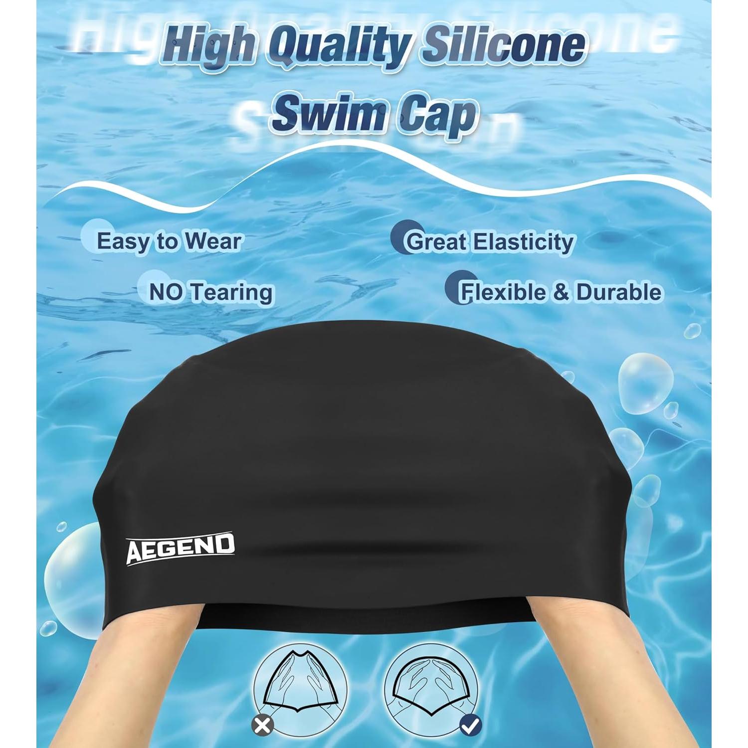 Gorro de natación Aegend para cabello largo - Silicona negra