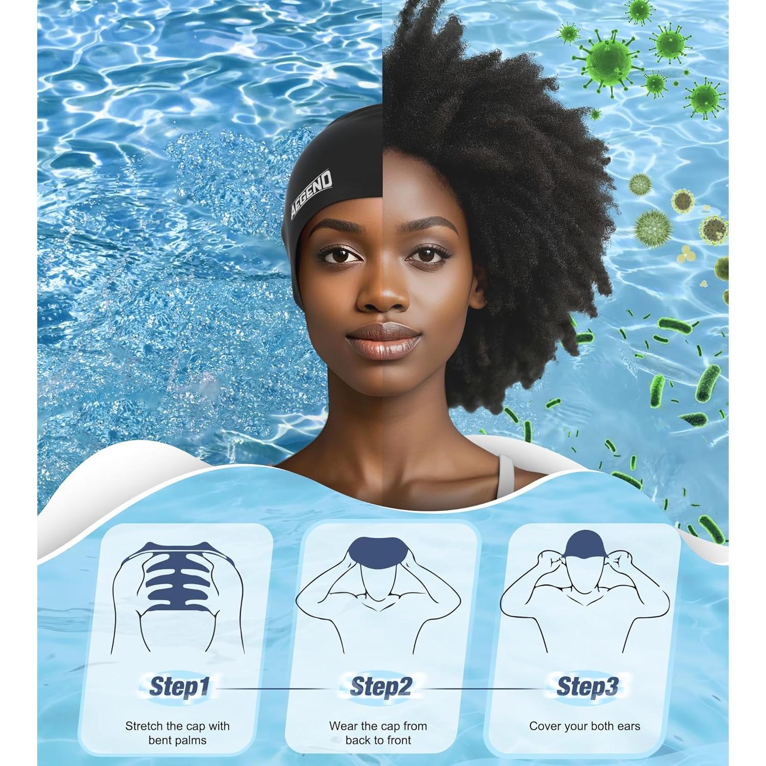 Gorro de natación Aegend para cabello largo - Silicona negra