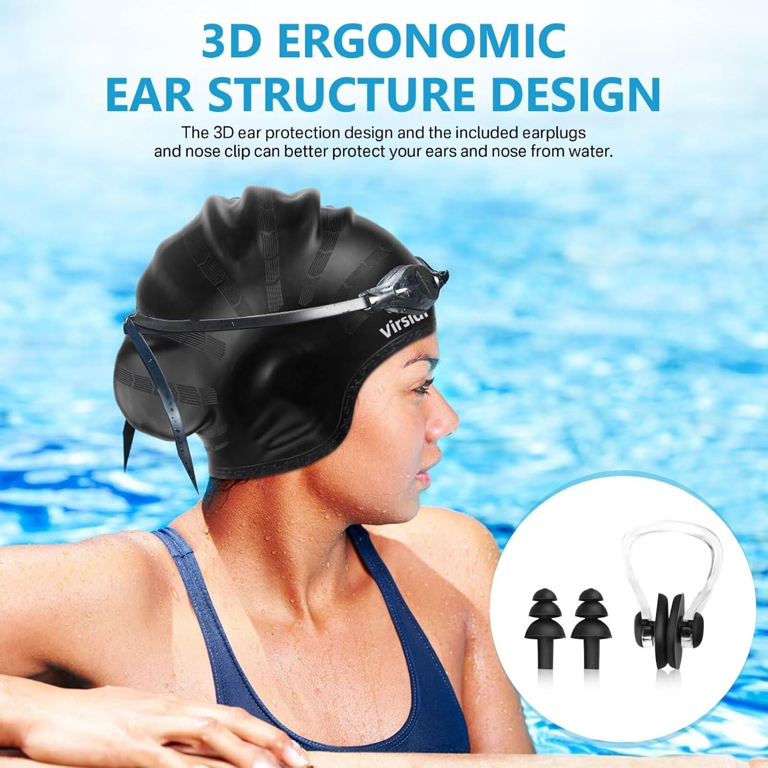 Gorro de Natación VIRSIDI Silicona Negro para Cabello Largo