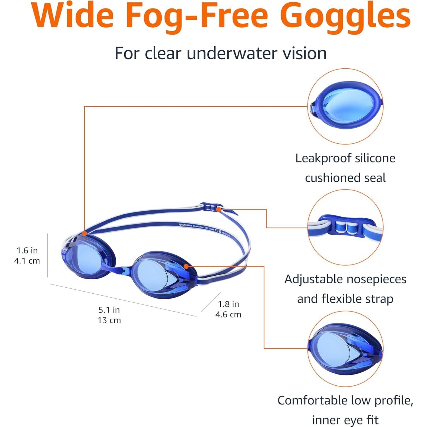 Gafas de natación unisex Amazon Basics azul con lentes anti-niebla