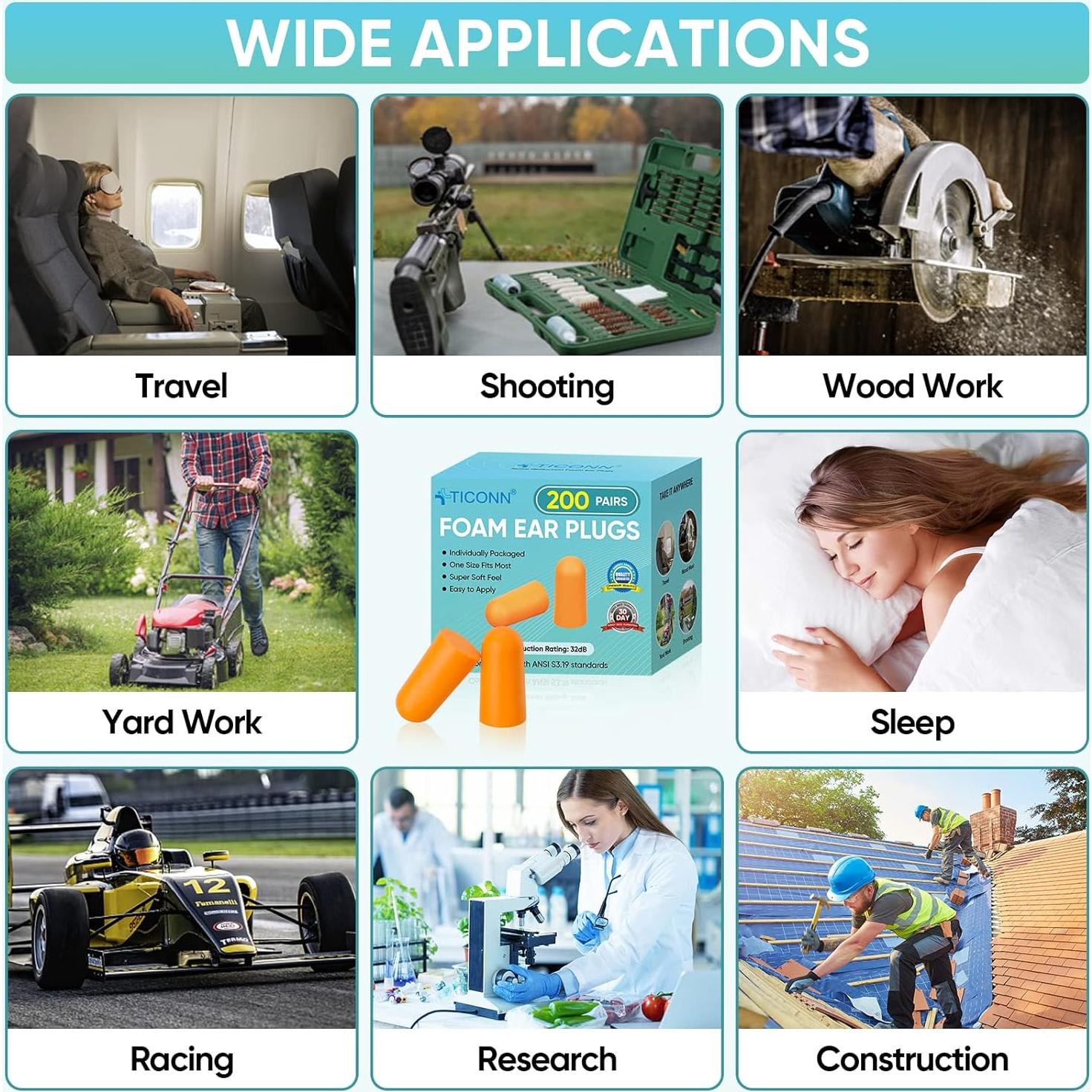 Tapones para Oídos TICONN 200 Pares 32dB Reducción Ruido