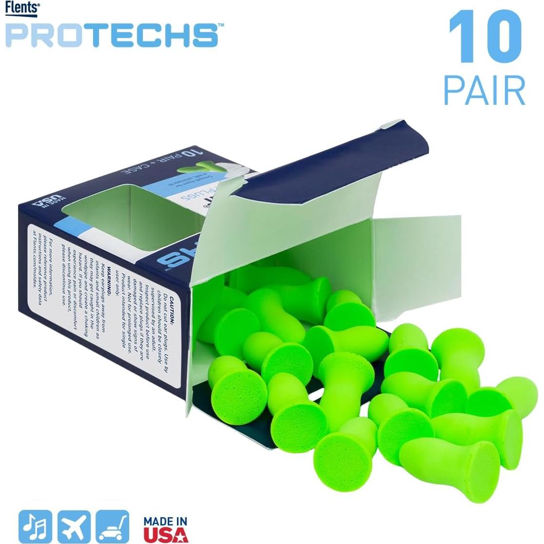 Tapones de espuma Flents Protechs - 10 pares, NRR 33, verde