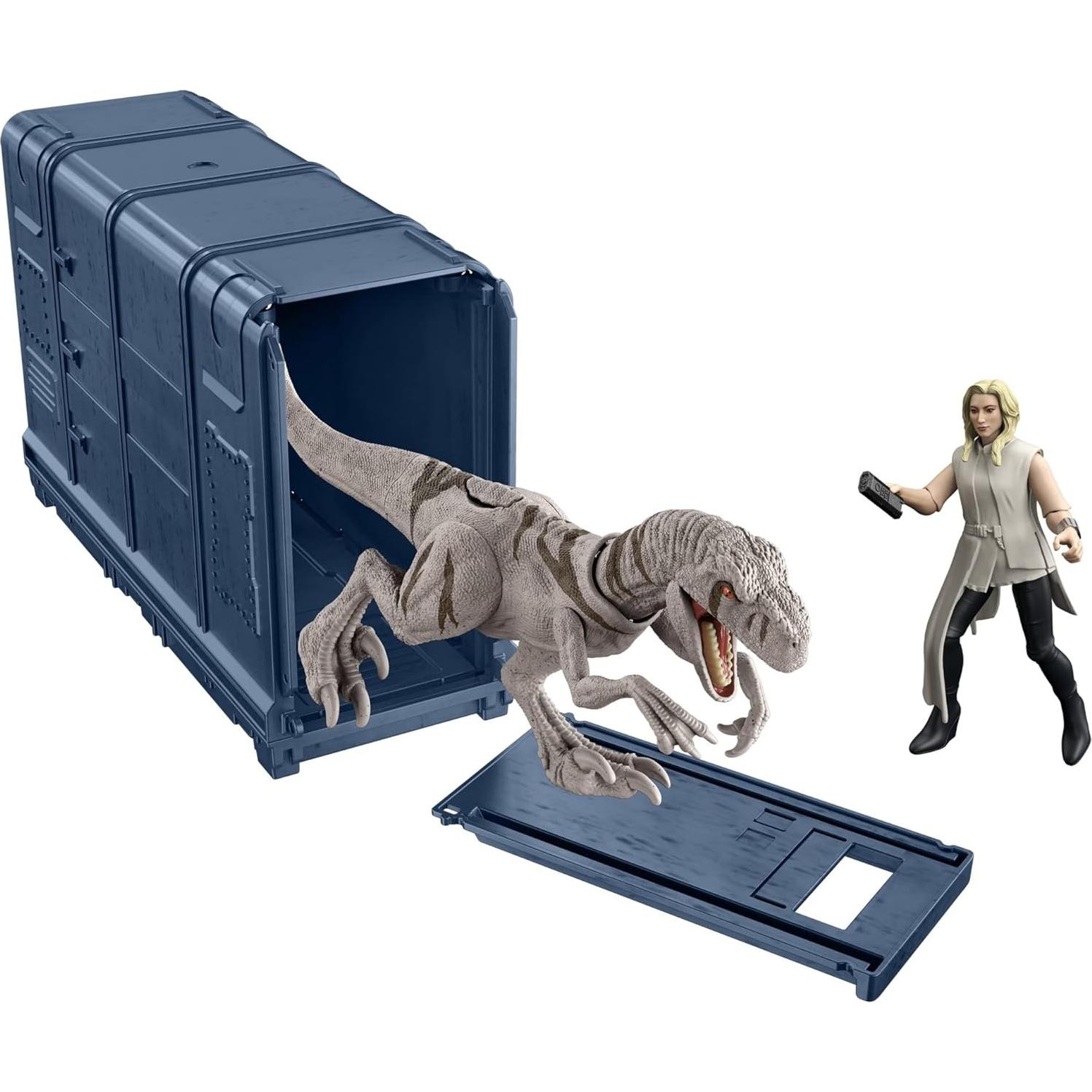 Jurassic World HFG63 Cage and Fury Dinosaur Set (9.5 cm) with 1 Exclusive Soyona Figure, 1 Atrociraptor Figure and Special Unit, Children's Toy, Ages 4 and Above