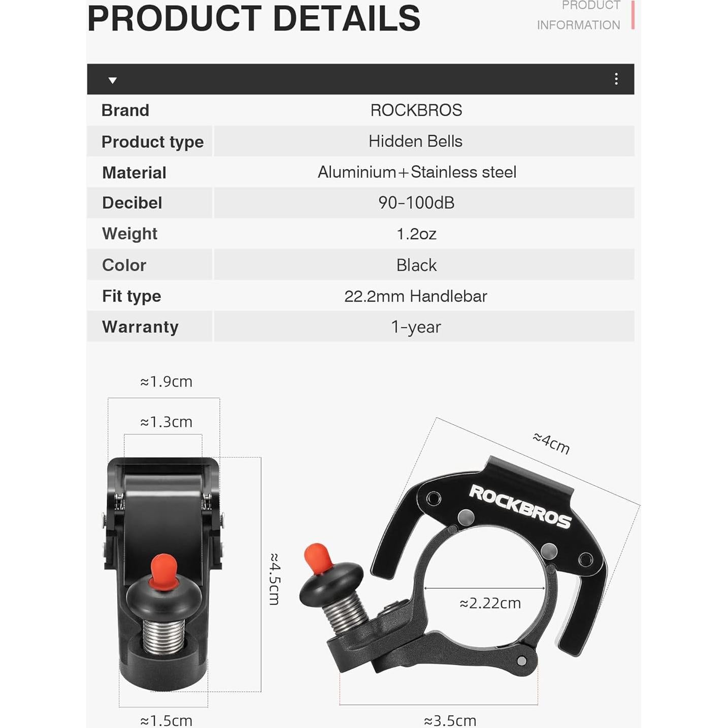 Timbre de bicicleta ROCKBROS oculto 100dB para manillar 22.2mm