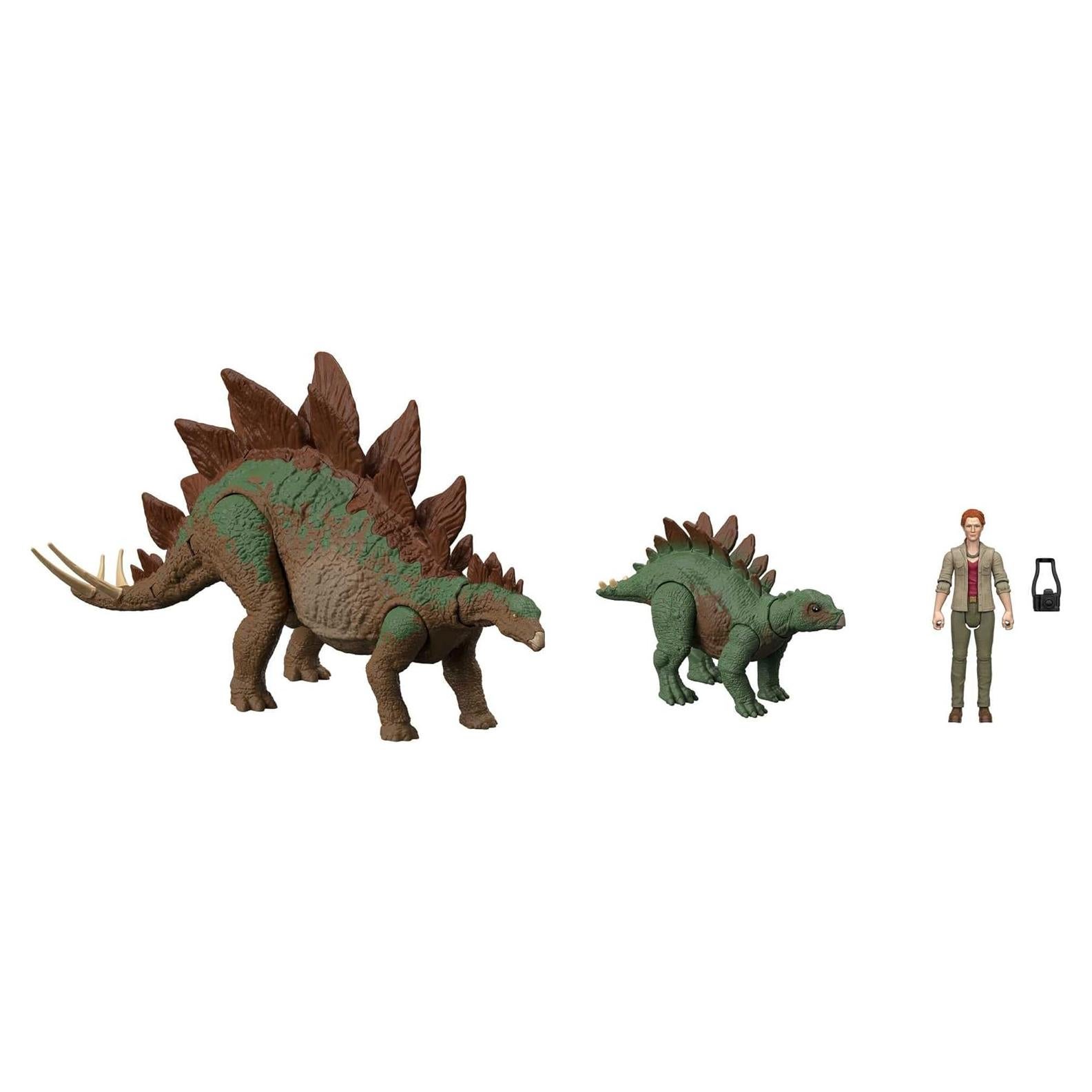 Jurassic World HHK91 A New Age Legacy Collection Dr Sarah Harding with Large and Small Stegosaurus Dinosaur, Authentic and Articulated Figures, 9.5 cm, Age 4+