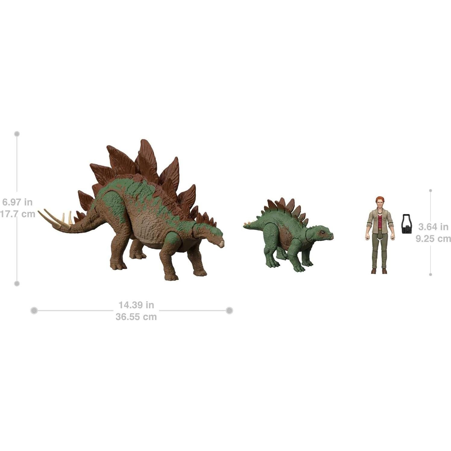Jurassic World HHK91 A New Age Legacy Collection Dr Sarah Harding with Large and Small Stegosaurus Dinosaur, Authentic and Articulated Figures, 9.5 cm, Age 4+
