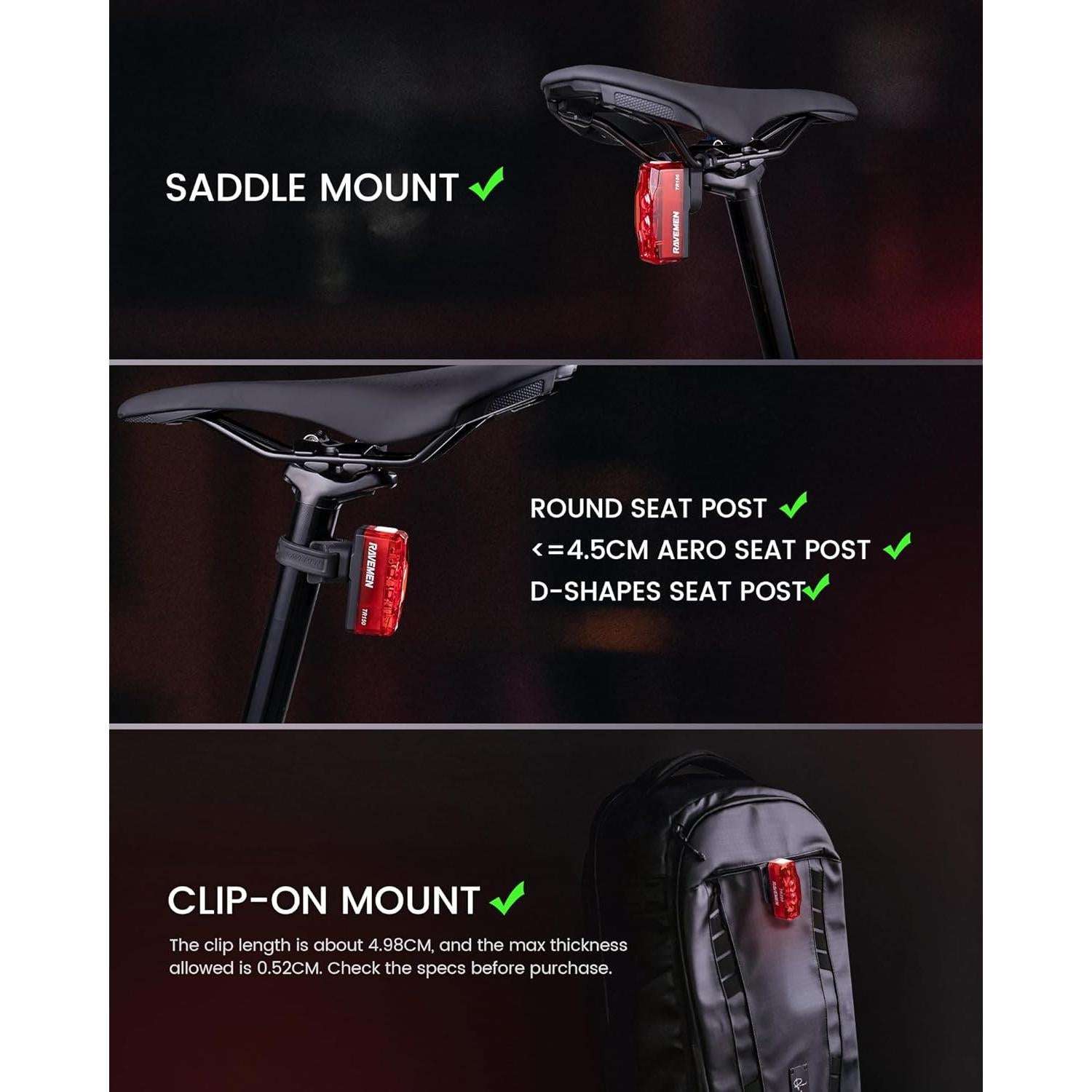 Luz Trasera de Bicicleta RAVEMEN TR150 150 Lúmenes USB C