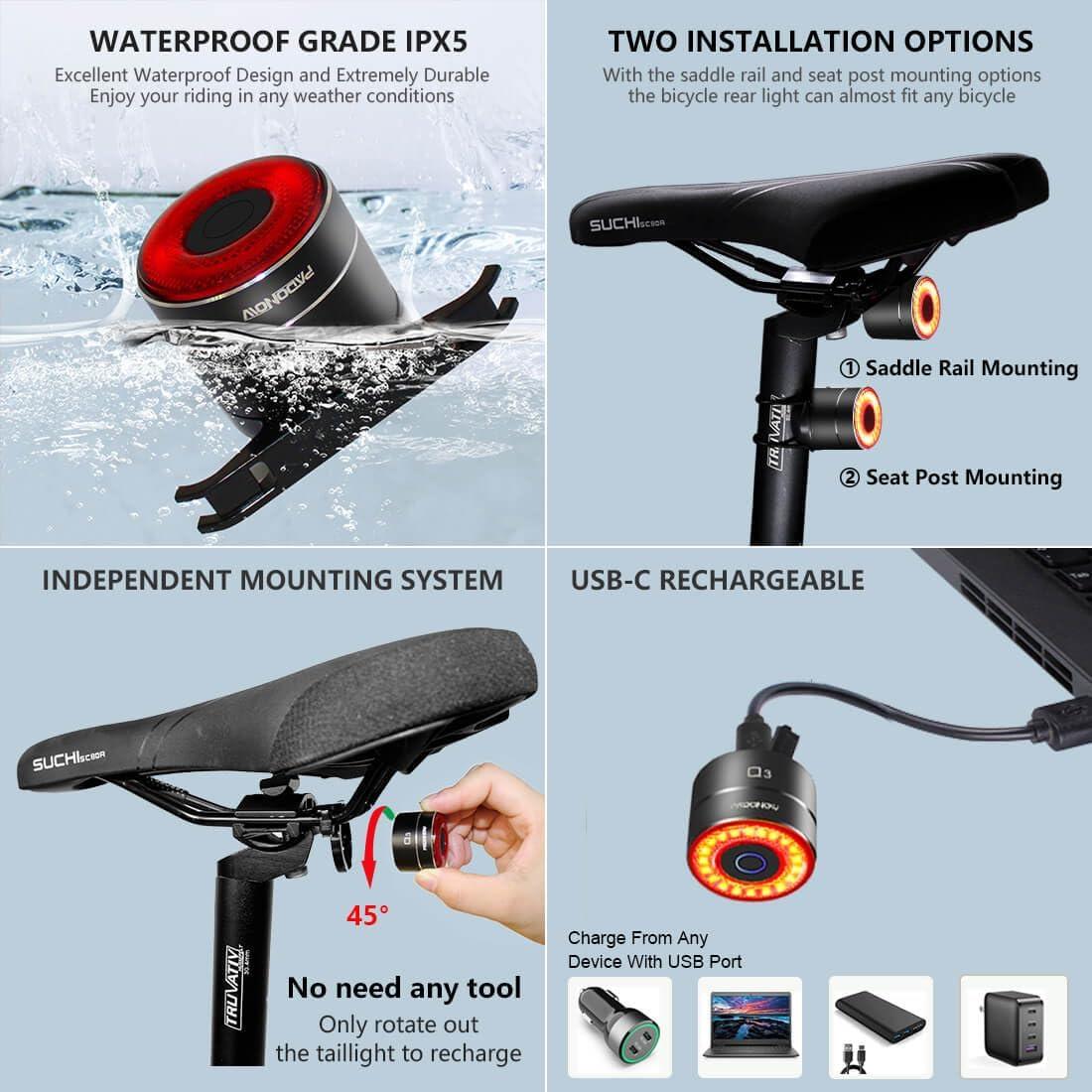 Luz Trasera Inteligente PADONOW Q4 LED Recargable IPX6