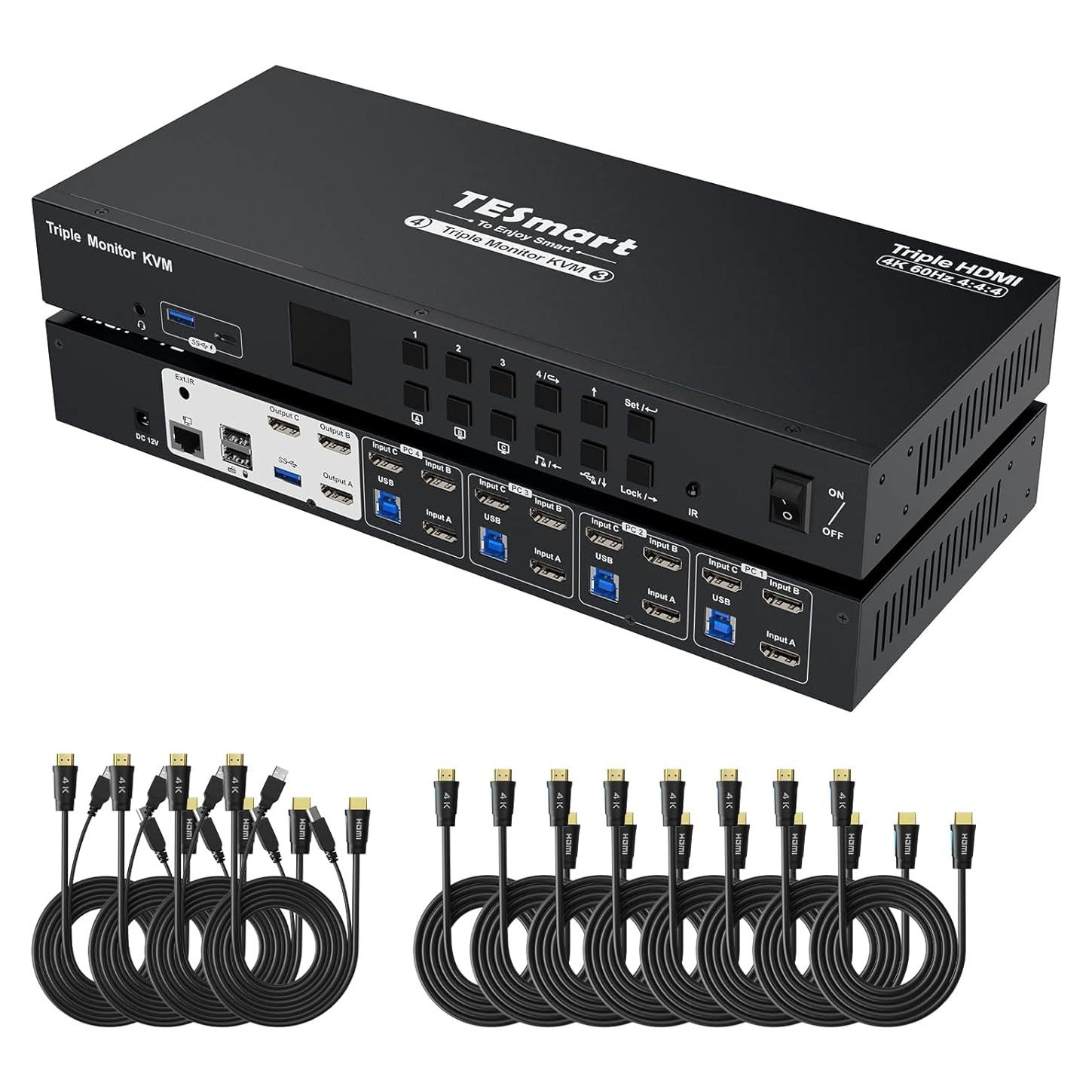 Interruptor KVM HDMI TESmart 4 Puertos Triple Monitor 4K