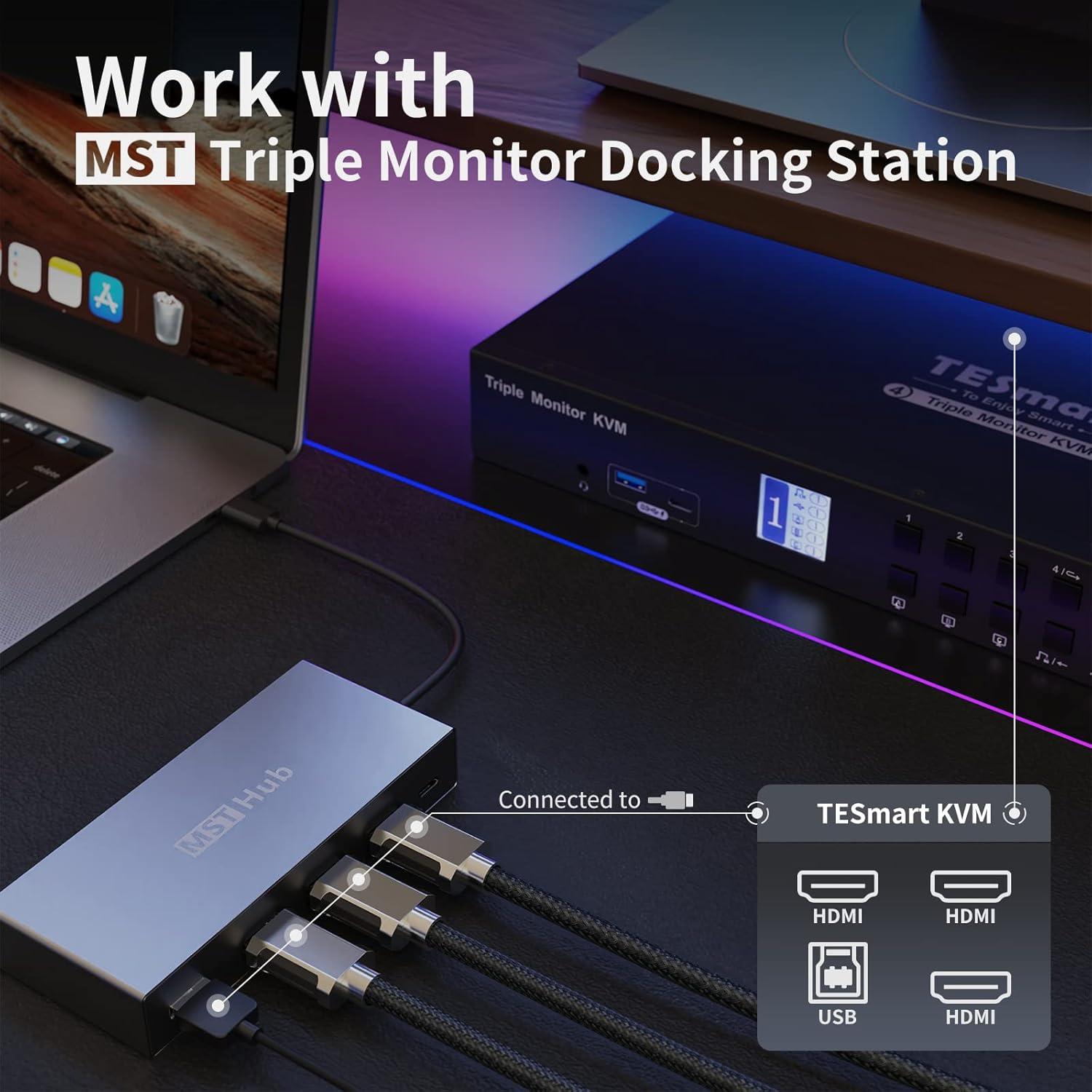 Interruptor KVM HDMI TESmart 4 Puertos Triple Monitor 4K