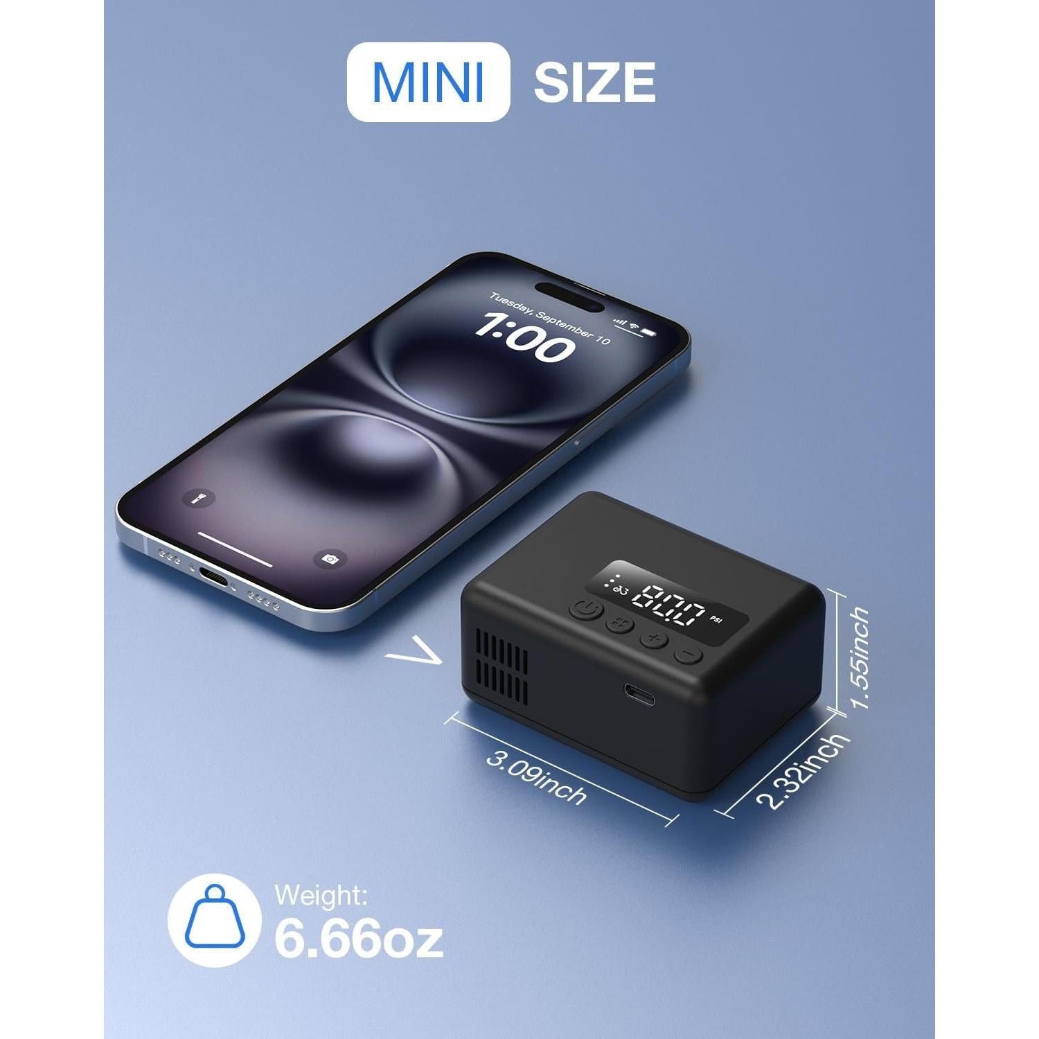 Mini Bomba Eléctrica de Bicicleta Tenlox 150, Inflado Rápido 25s