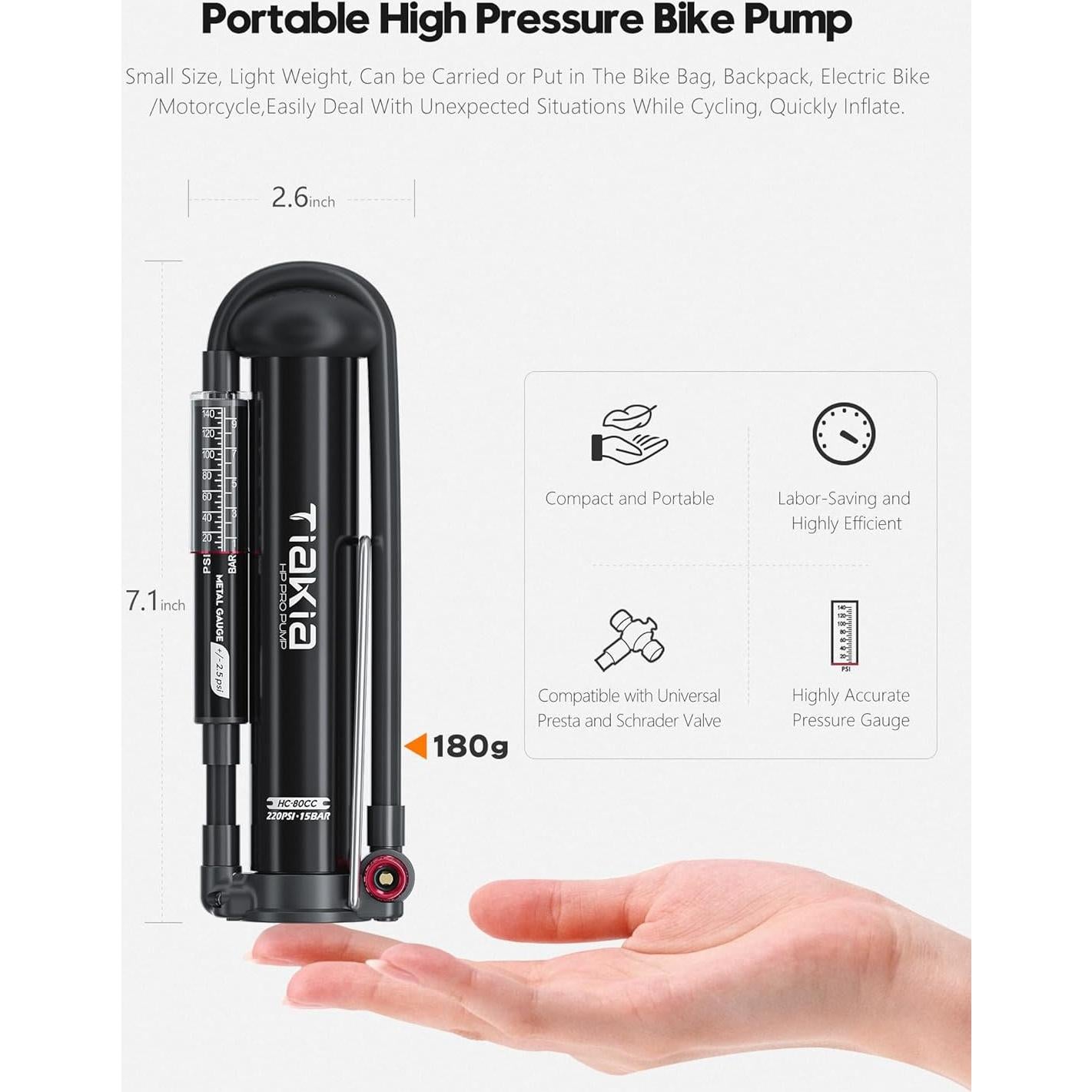 Bomba de Bicicleta Tiakia PG0502SL 220PSI con Manómetro