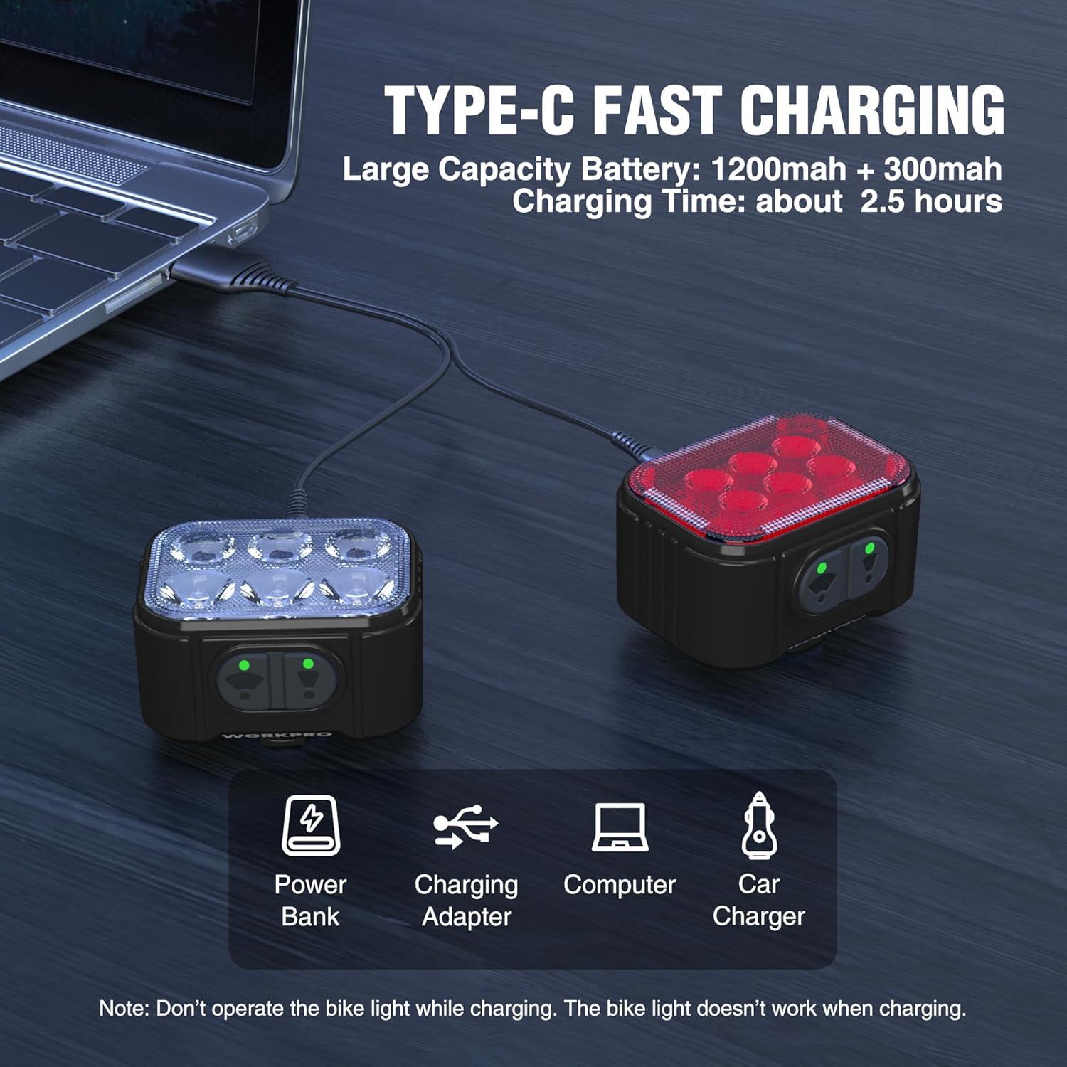 Conjunto de Luces para Bicicleta WORKPRO Recargables IP65