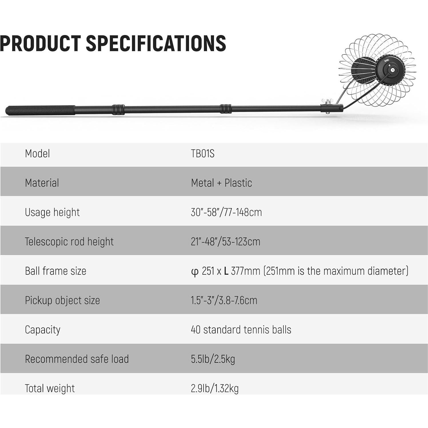 Recogedor de Pelotas de Tenis NEEWER TB01S Ajustable 30-58cm