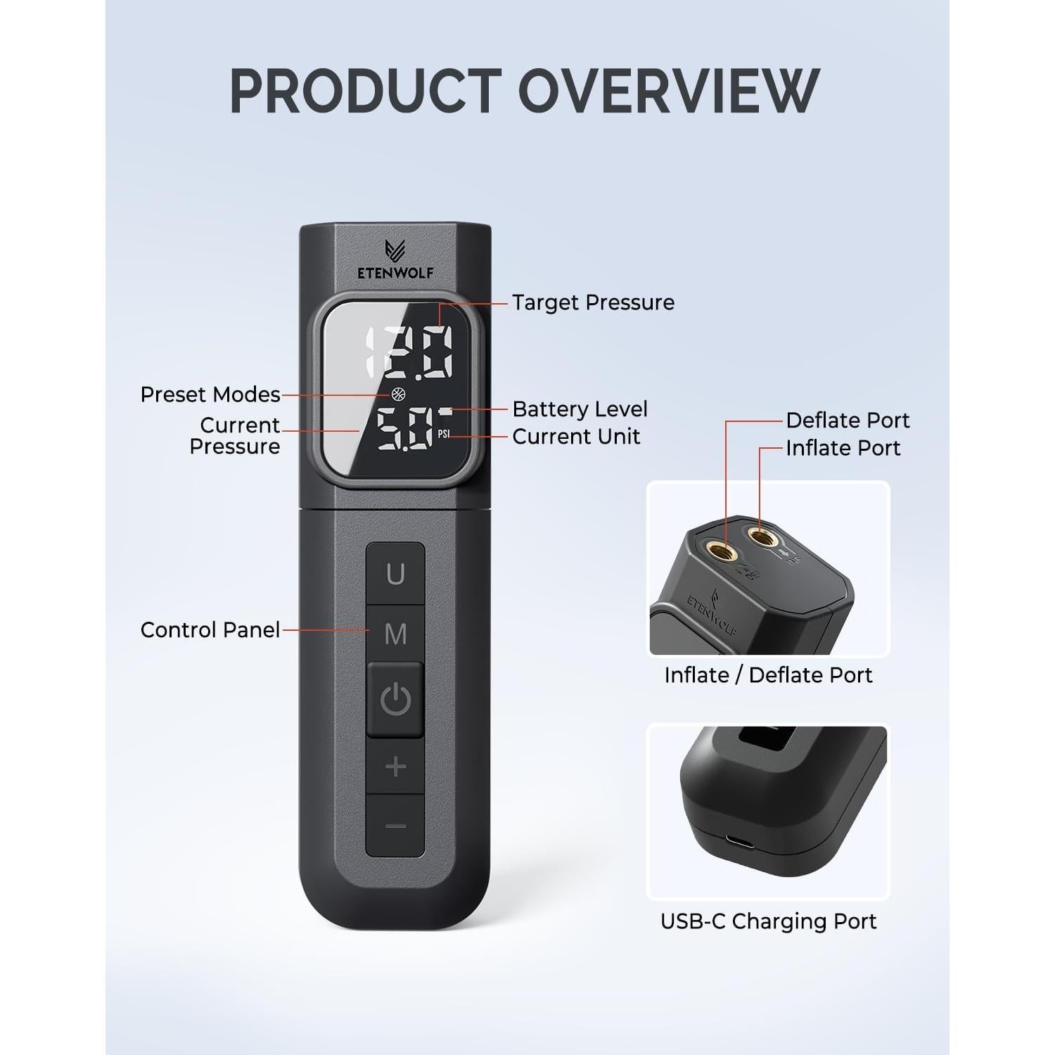 Bomba de Pelotas Eléctrica ETENWOLF P200 2000mAh con Manómetro